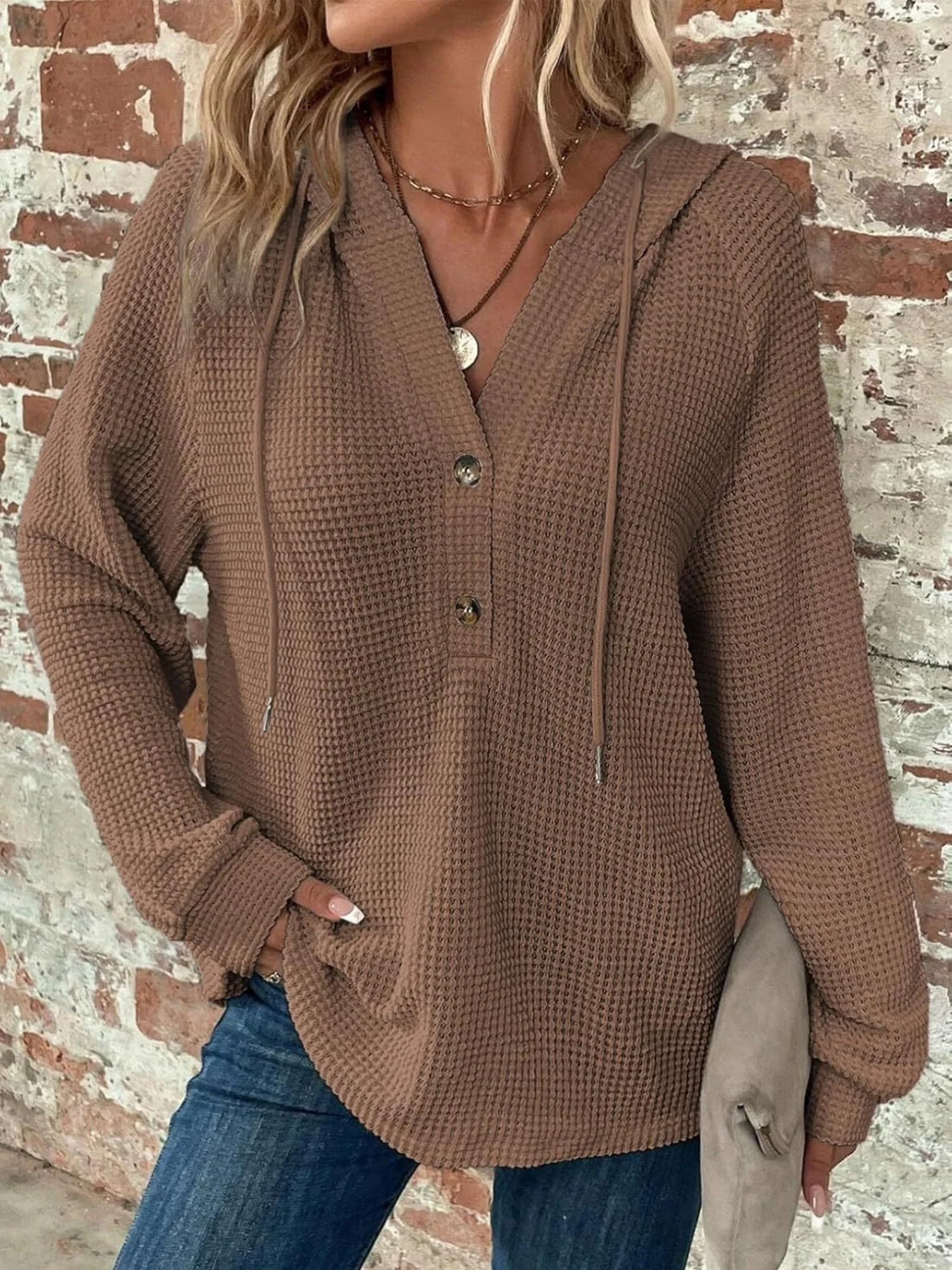 Waffle Drawstring Buttons V-neck Long Sleeve Hoodie - Image 3