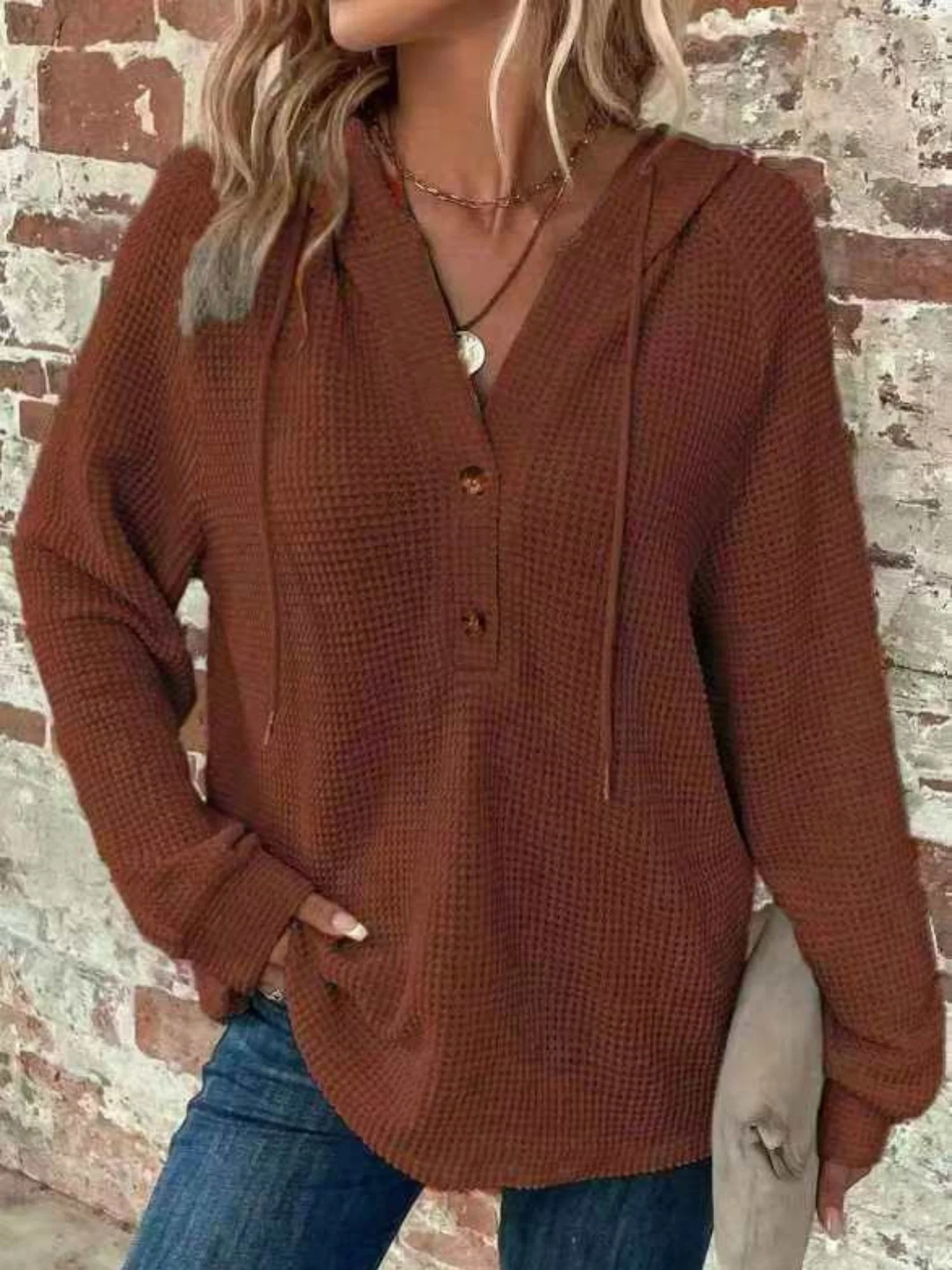 Waffle Drawstring Buttons V-neck Long Sleeve Hoodie - Image 4