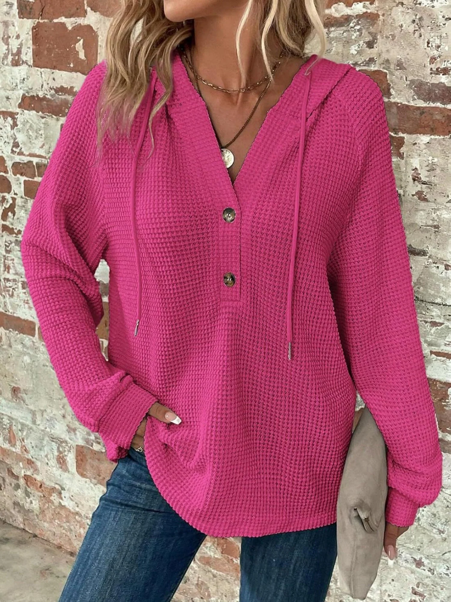 Waffle Drawstring Buttons V-neck Long Sleeve Hoodie - Image 5