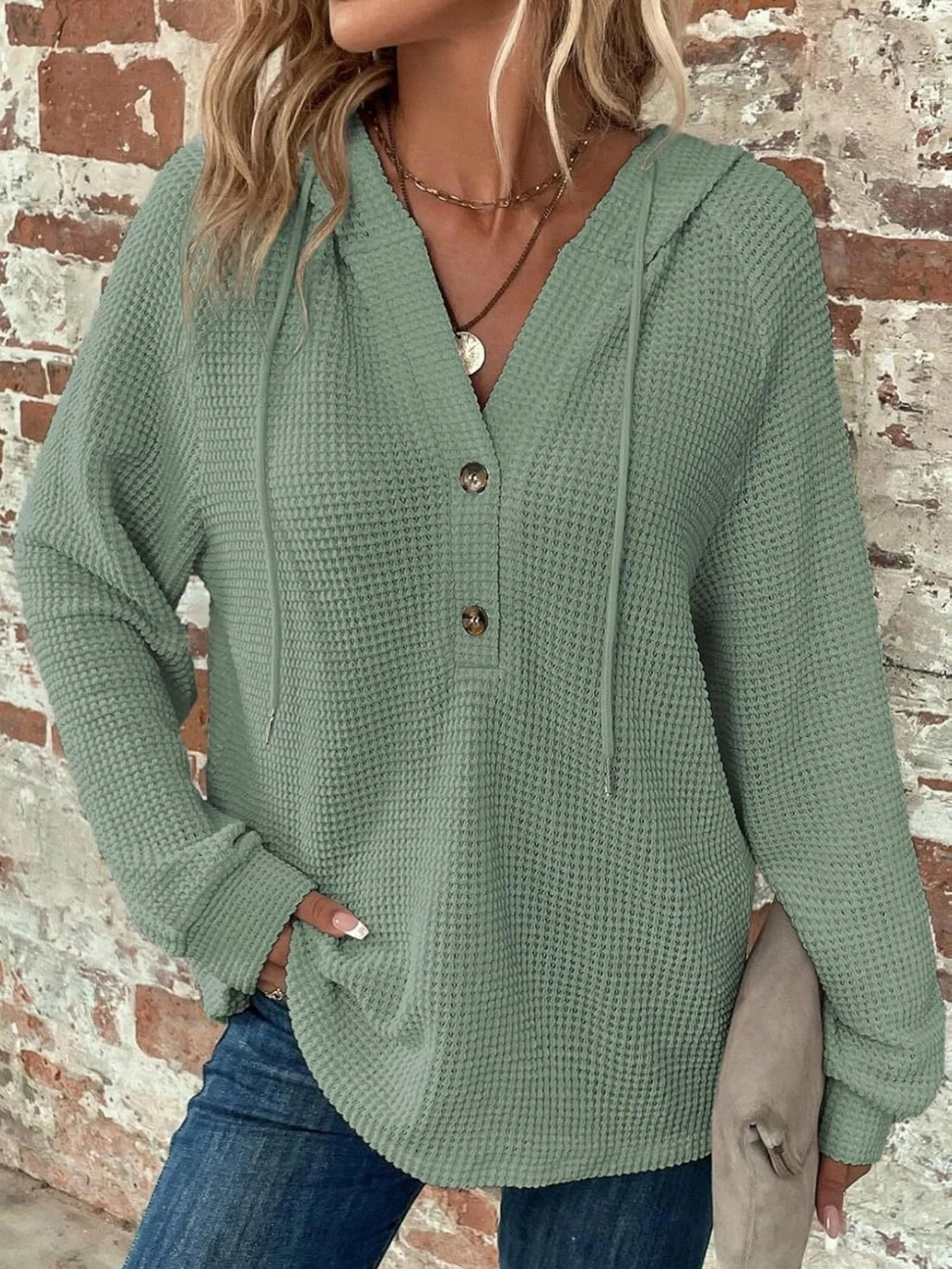 Waffle Drawstring Buttons V-neck Long Sleeve Hoodie - Image 6