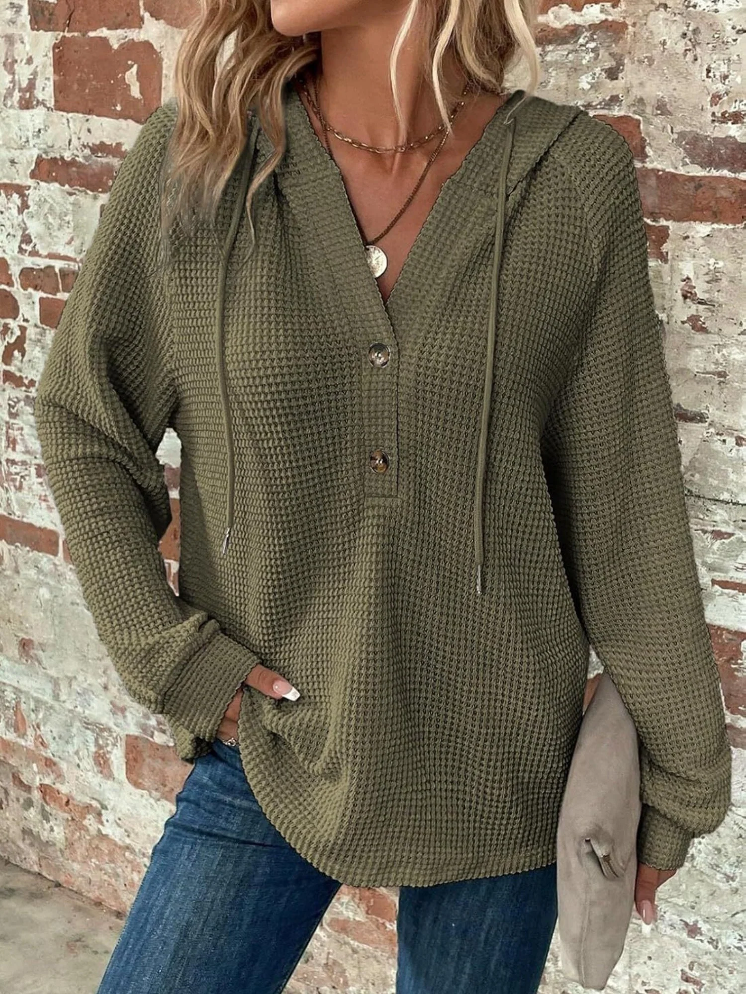 Waffle Drawstring Buttons V-neck Long Sleeve Hoodie - Image 7