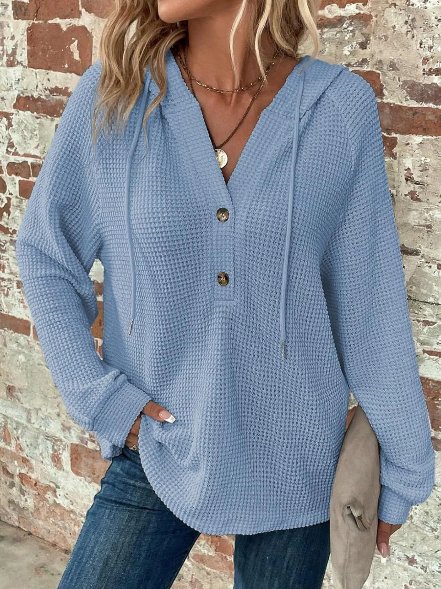 Waffle Drawstring Buttons V-neck Long Sleeve Hoodie - Image 8