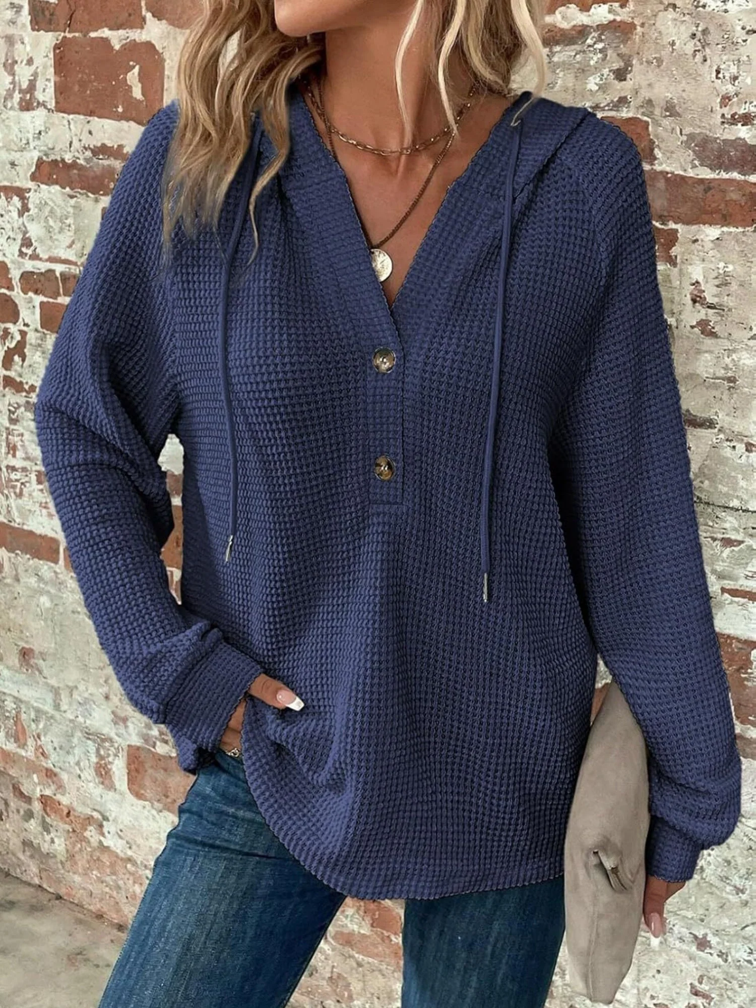 Waffle Drawstring Buttons V-neck Long Sleeve Hoodie - Image 9