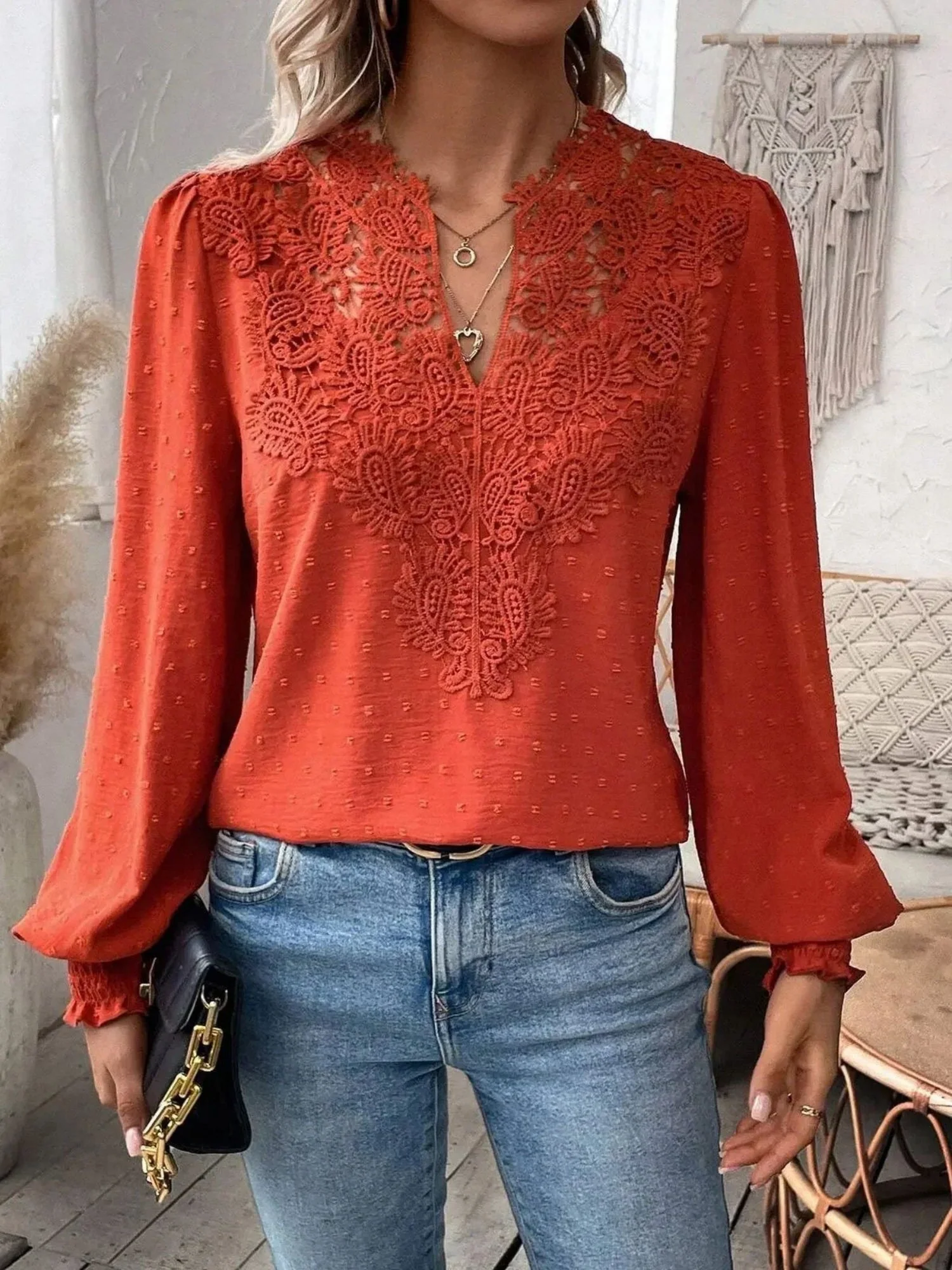 Lace Trim V-neck Long Sleeve Shirt T-shirts - Image 3