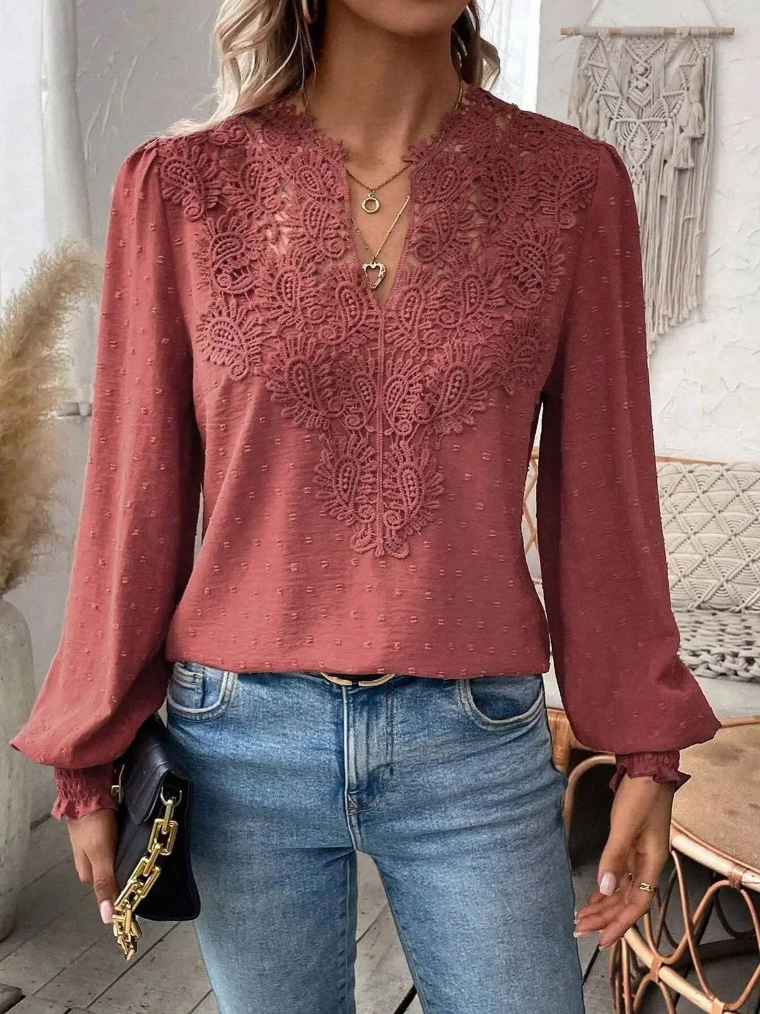 Lace Trim V-neck Long Sleeve Shirt T-shirts - Image 4