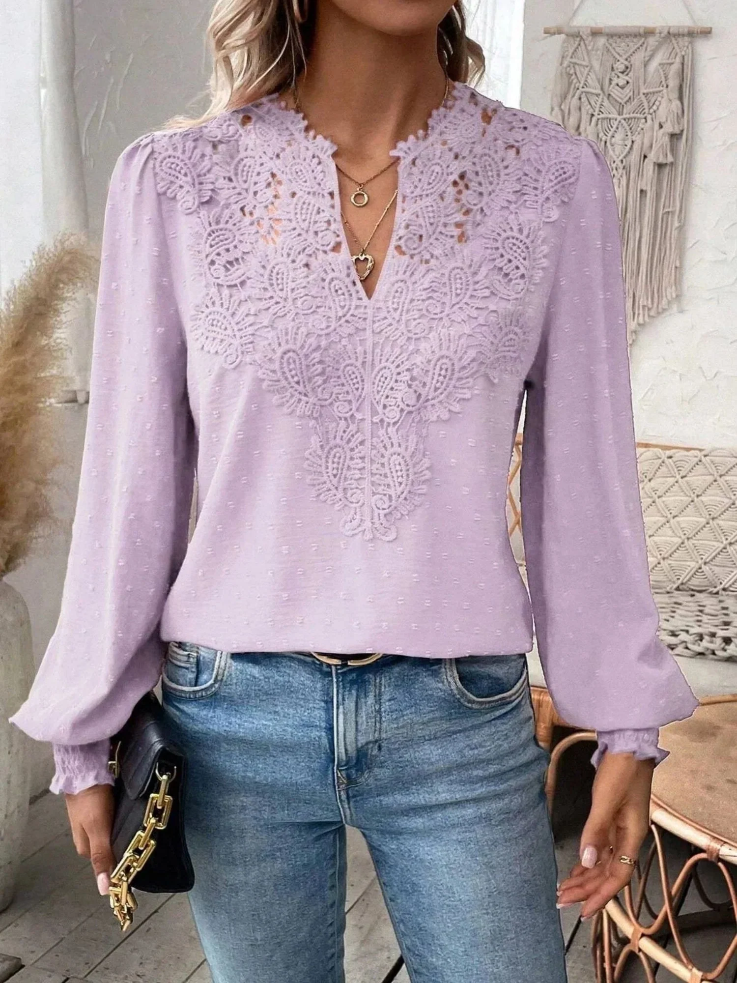 Lace Trim V-neck Long Sleeve Shirt T-shirts - Image 5