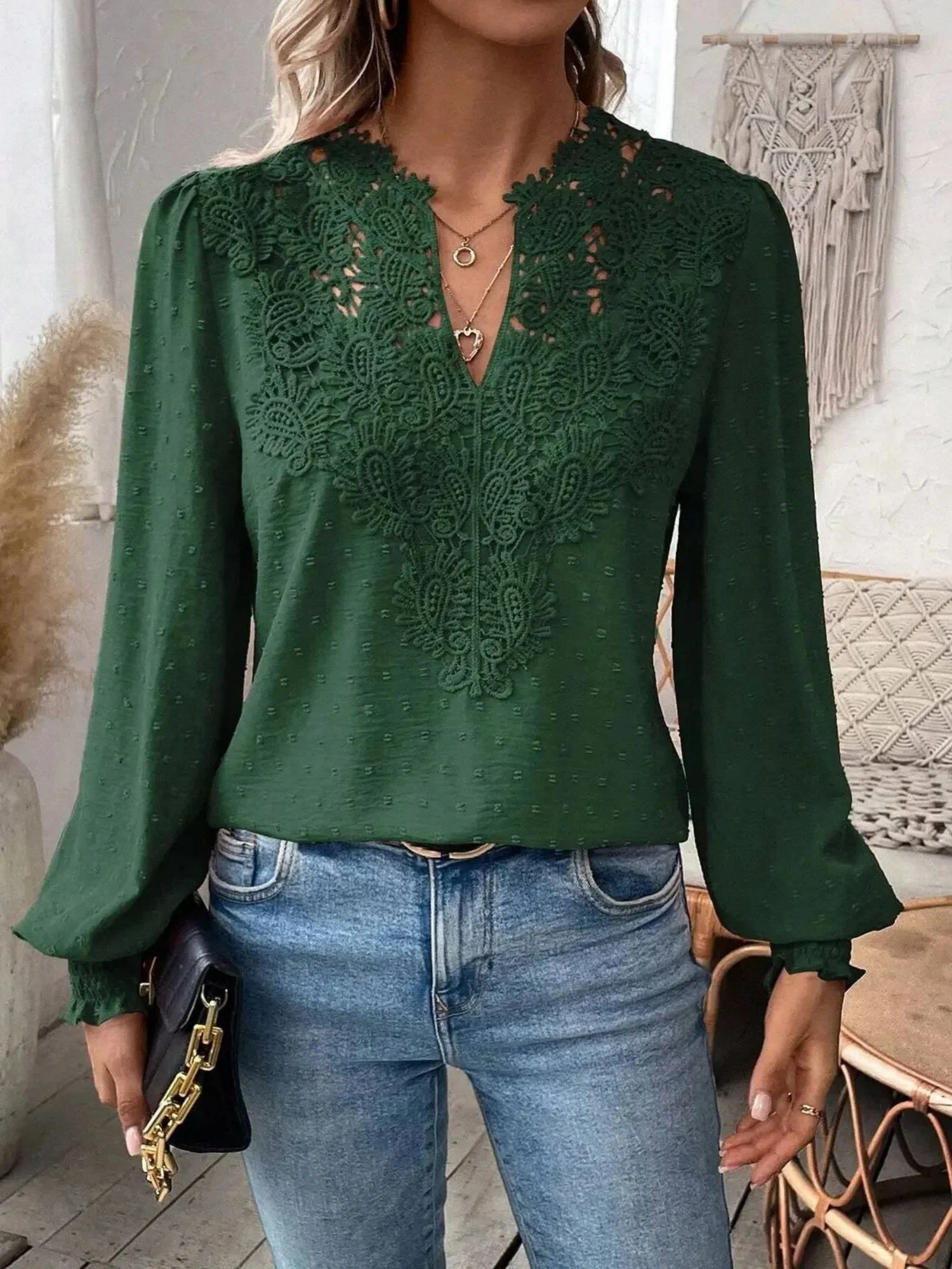 Lace Trim V-neck Long Sleeve Shirt T-shirts - Image 6