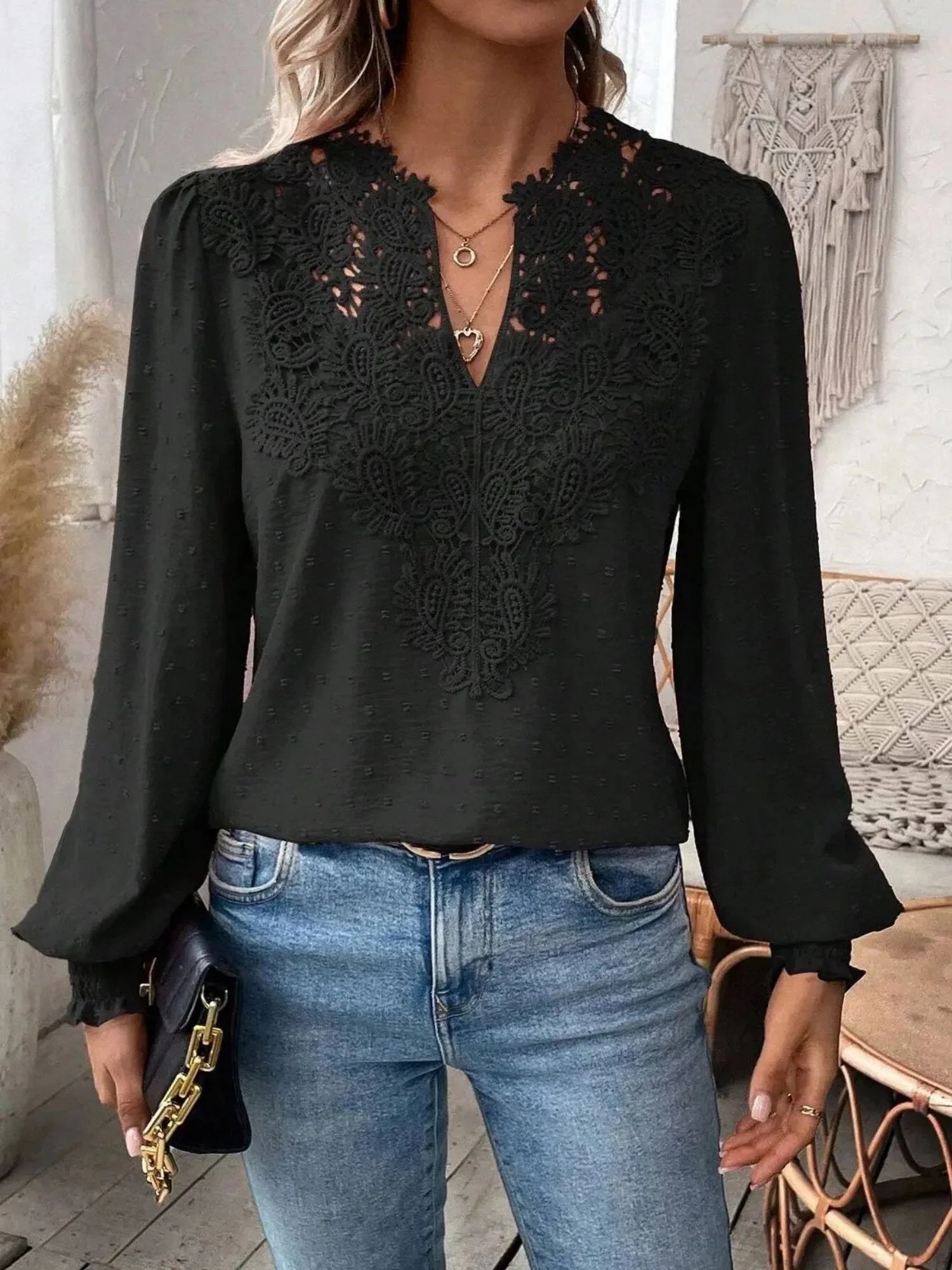 Lace Trim V-neck Long Sleeve Shirt T-shirts - Image 7