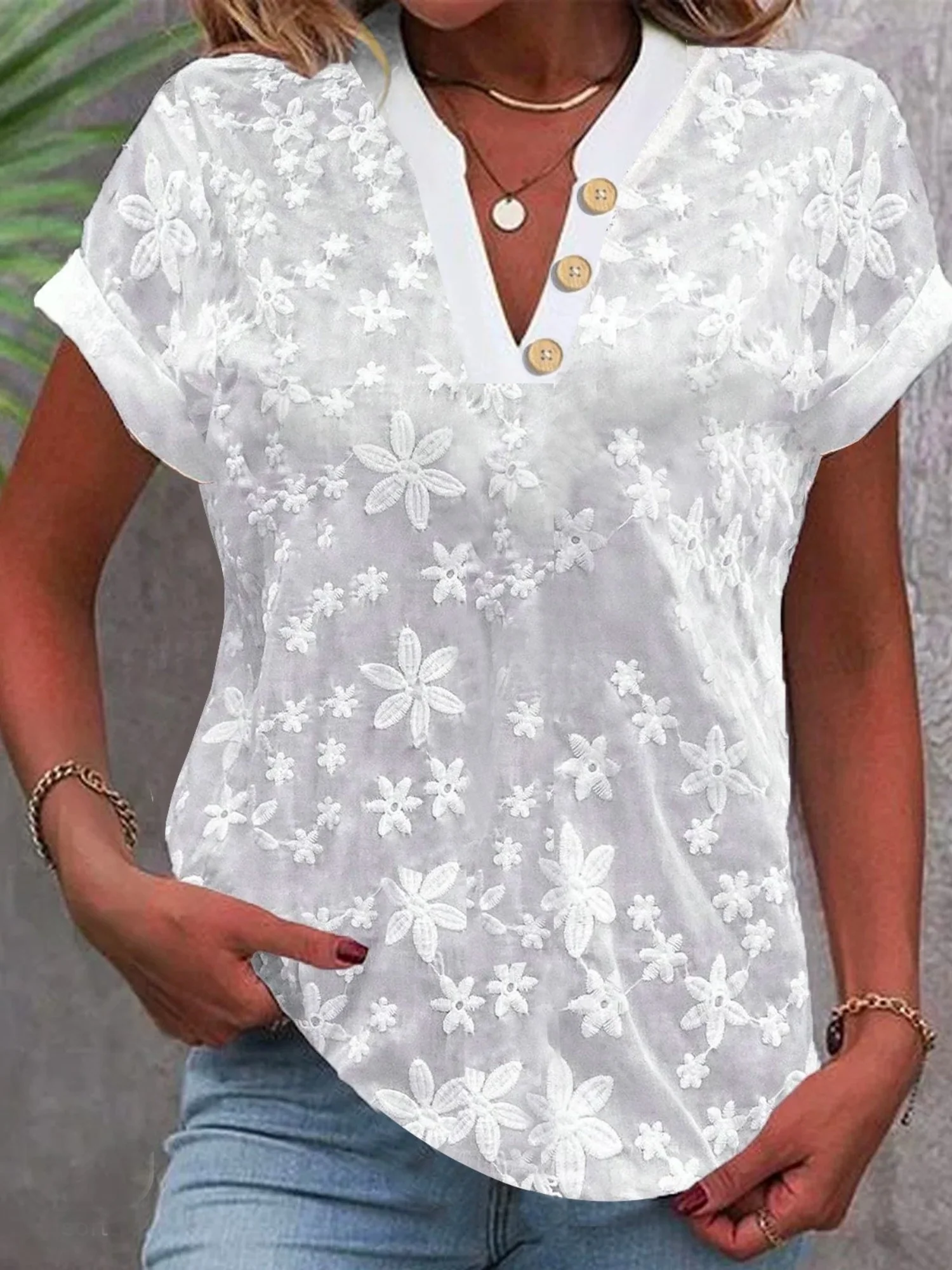 Flower Embroidery V-neck Short Sleeve T-shirts - Image 3