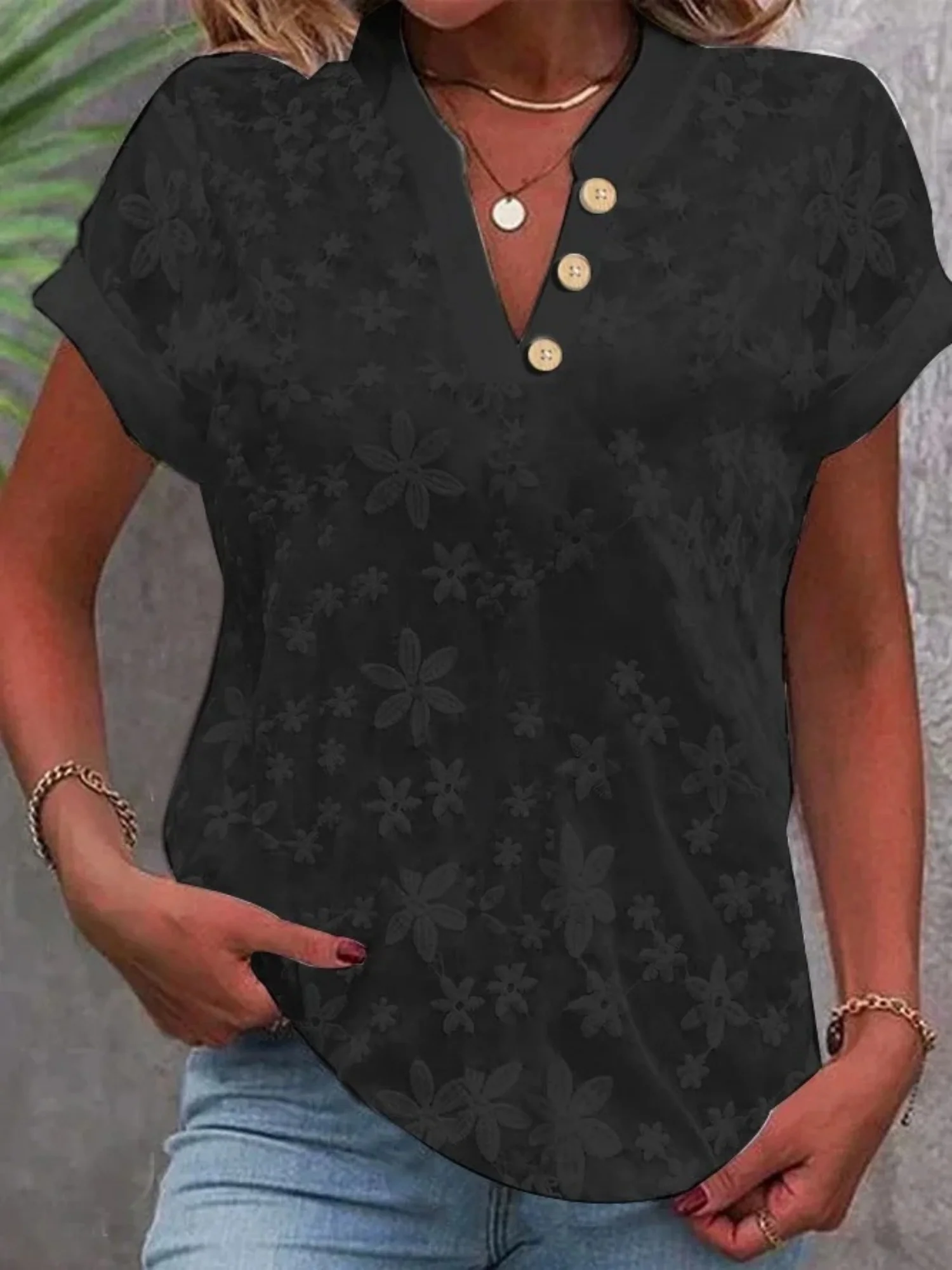 Flower Embroidery V-neck Short Sleeve T-shirts - Image 4
