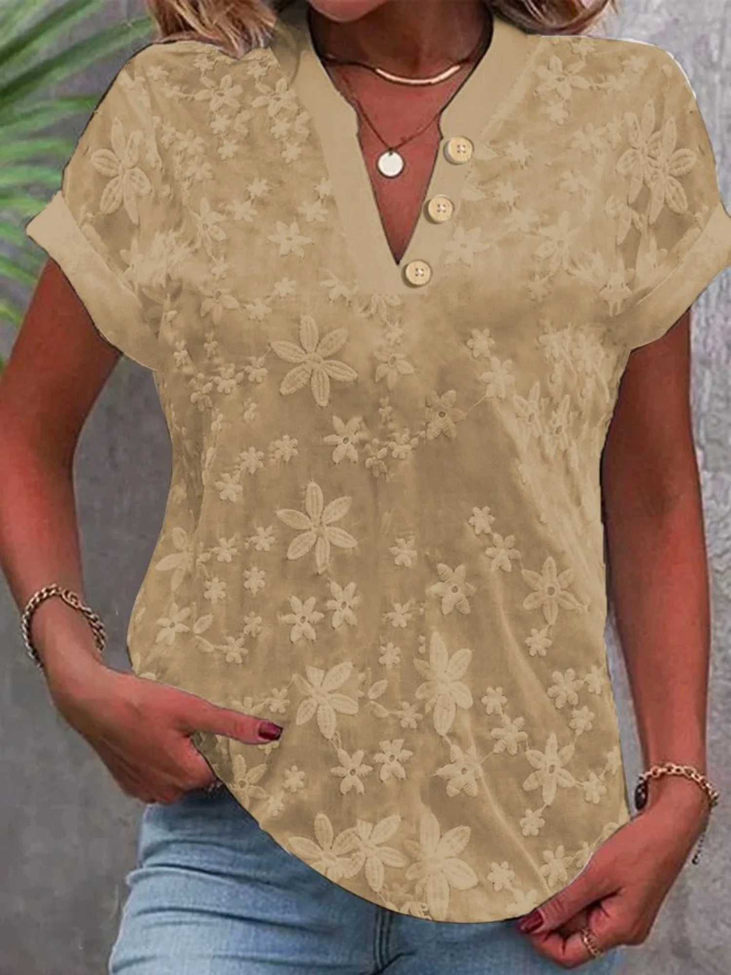 Flower Embroidery V-neck Short Sleeve T-shirts - Image 5