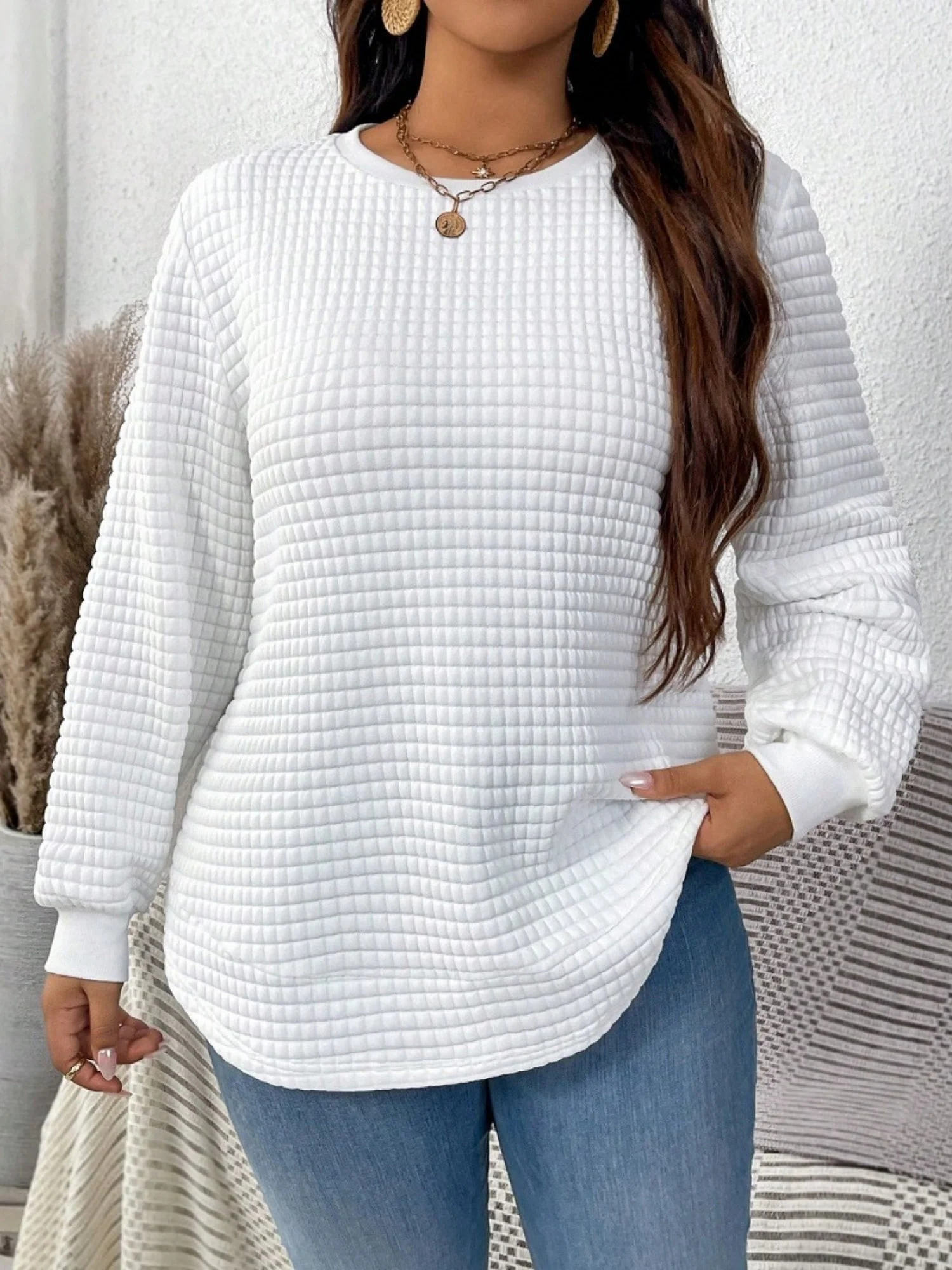 Waffle Round Neck Long Sleeve Sweatshirts&Hoodies - Image 2