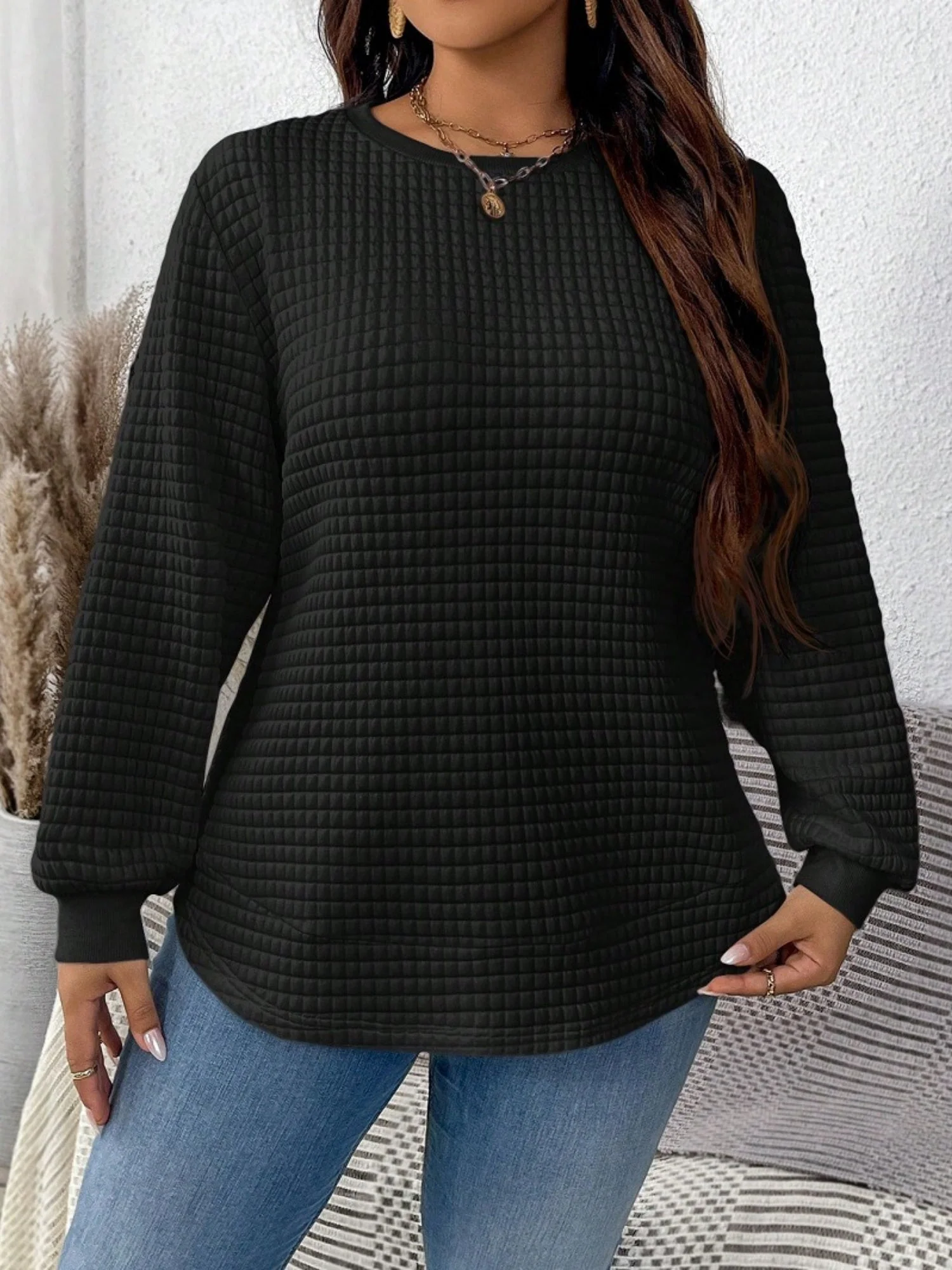Waffle Round Neck Long Sleeve Sweatshirts&Hoodies - Image 4