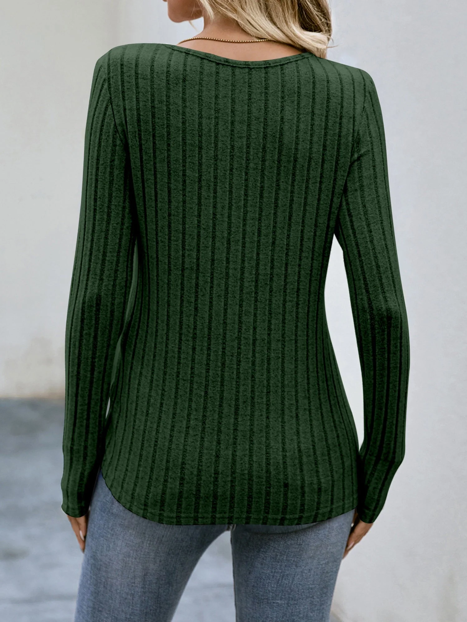 Threaded Groove Strip Waist-cinching Round Neck Buttons Long Sleeves T-shirts - Image 3