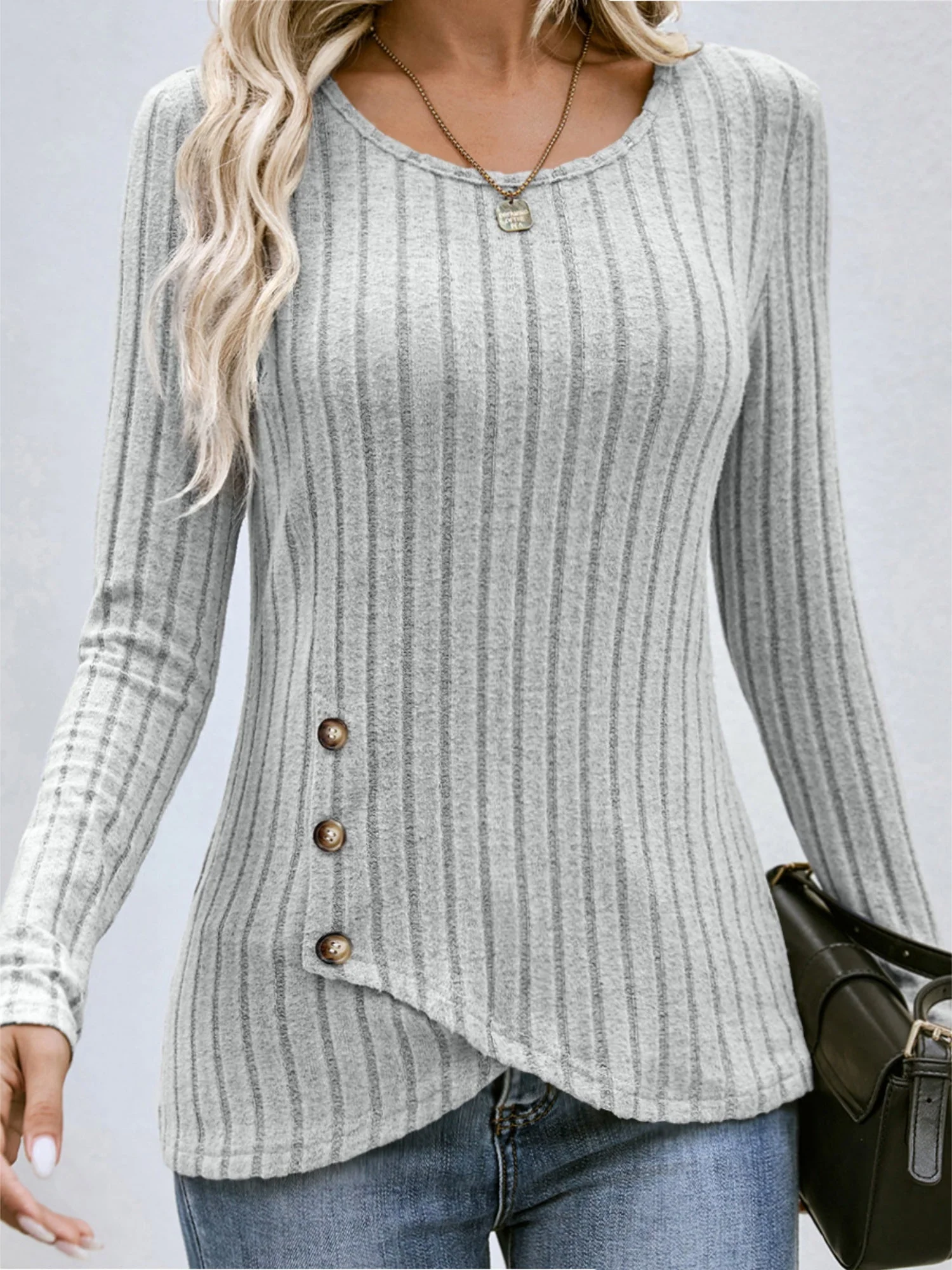 Threaded Groove Strip Waist-cinching Round Neck Buttons Long Sleeves T-shirts - Image 5