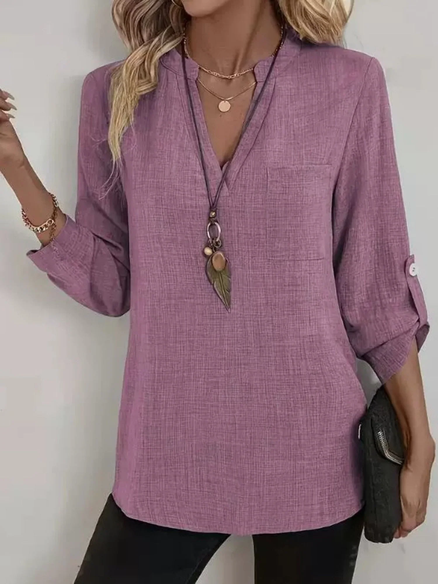 V-neck Pocket Long-sleeved Shirt T-shirts - Image 6