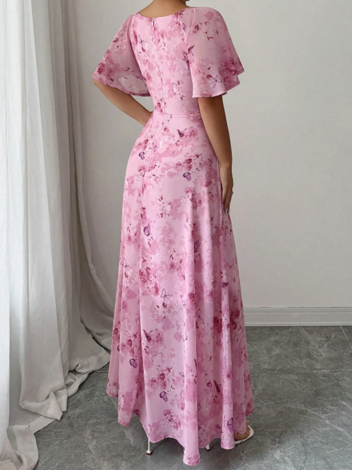 Butterfly Print Lotus Leaf Sleeves Pleated Slim Fit Maxi Dresses - Image 2