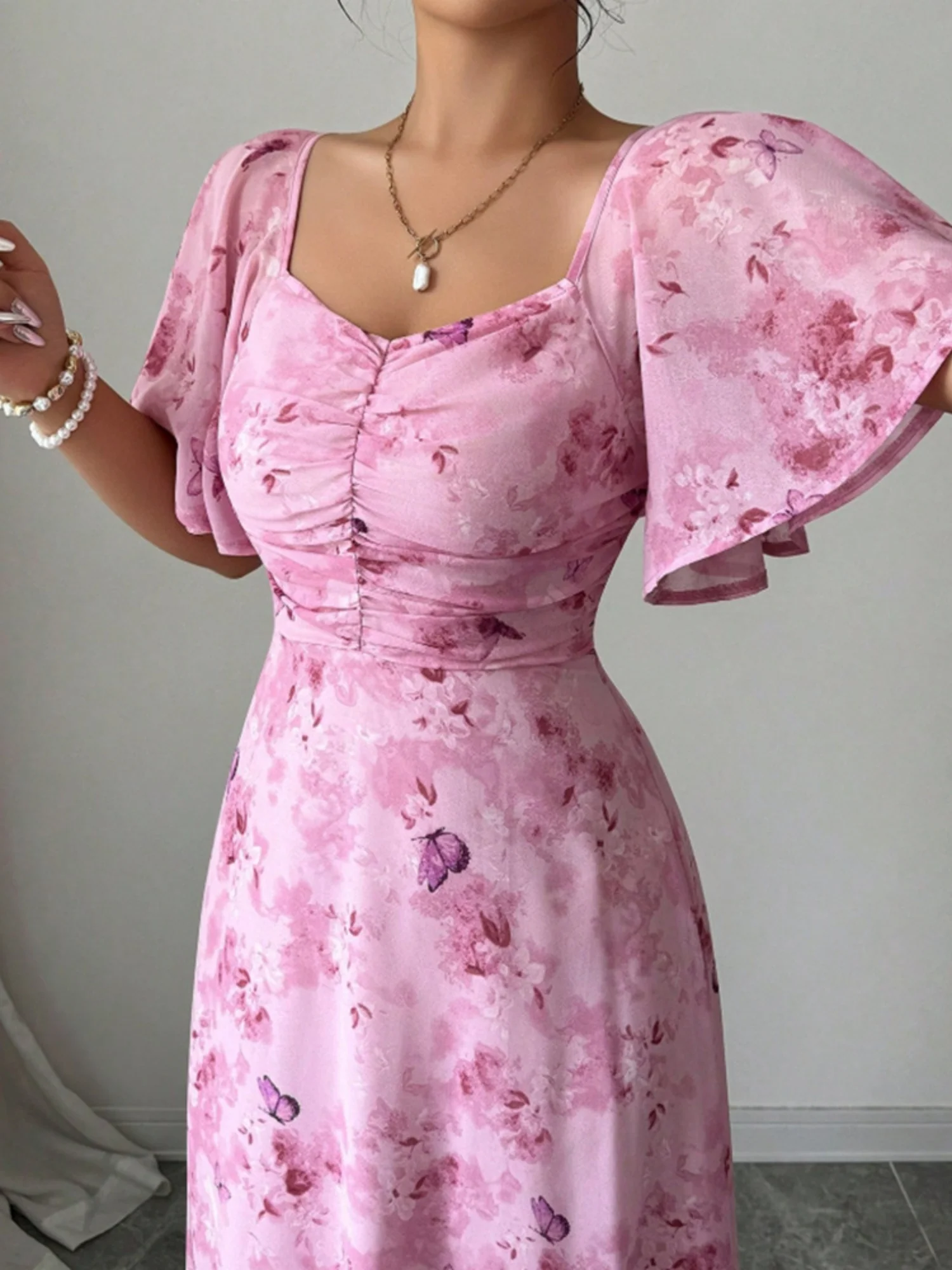 Butterfly Print Lotus Leaf Sleeves Pleated Slim Fit Maxi Dresses - Image 3