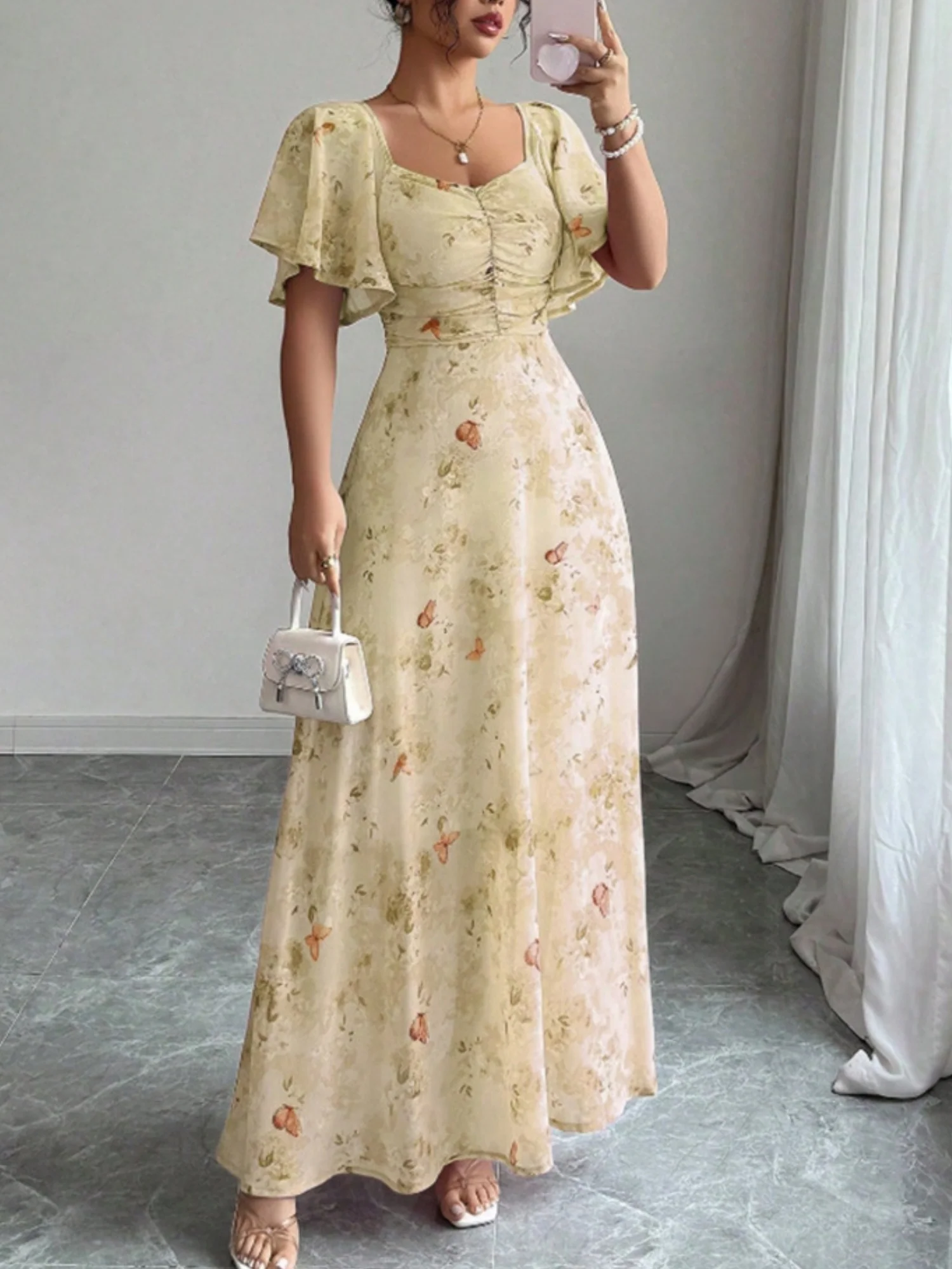 Butterfly Print Lotus Leaf Sleeves Pleated Slim Fit Maxi Dresses - Image 4