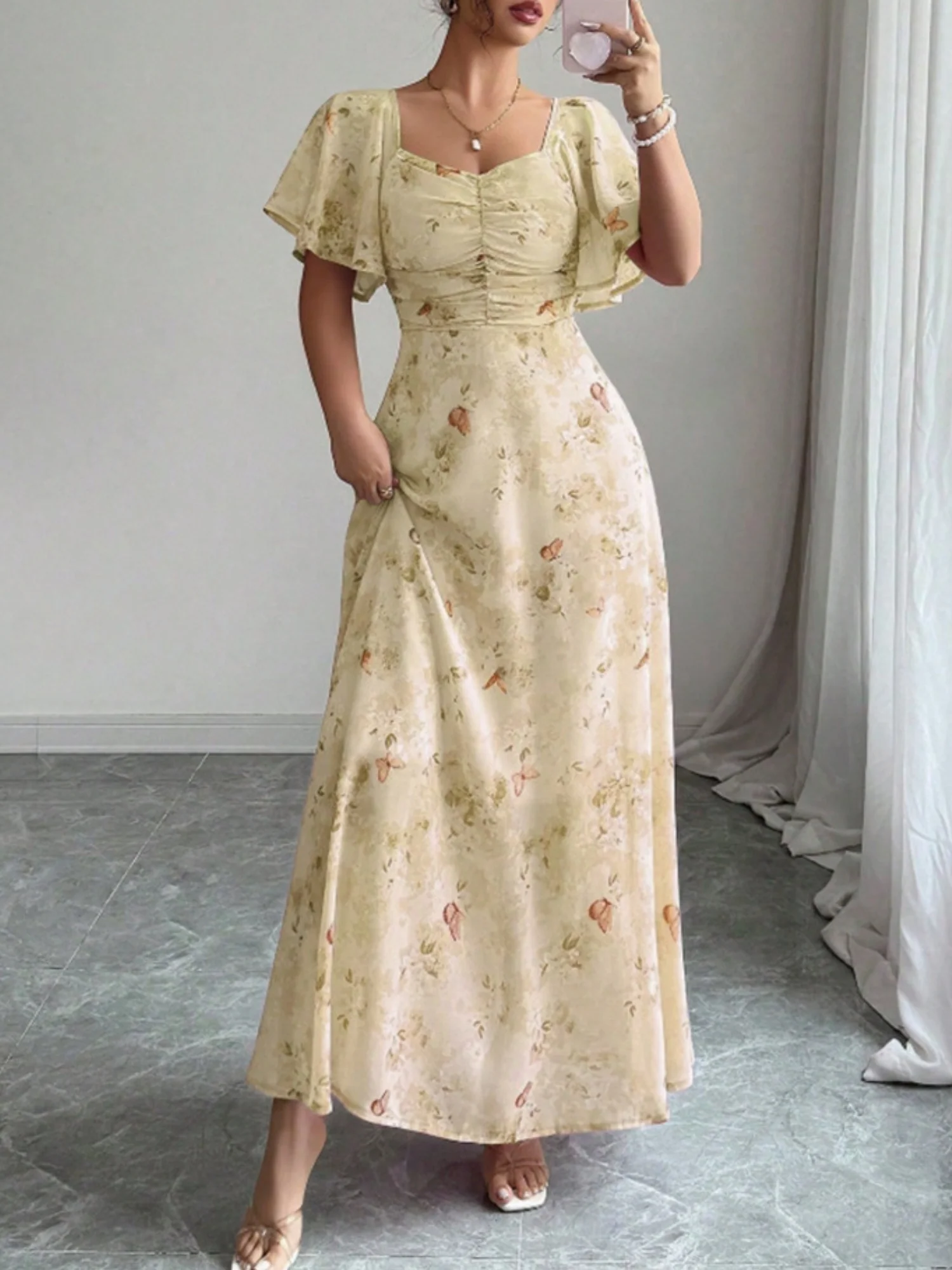 Butterfly Print Lotus Leaf Sleeves Pleated Slim Fit Maxi Dresses - Image 5