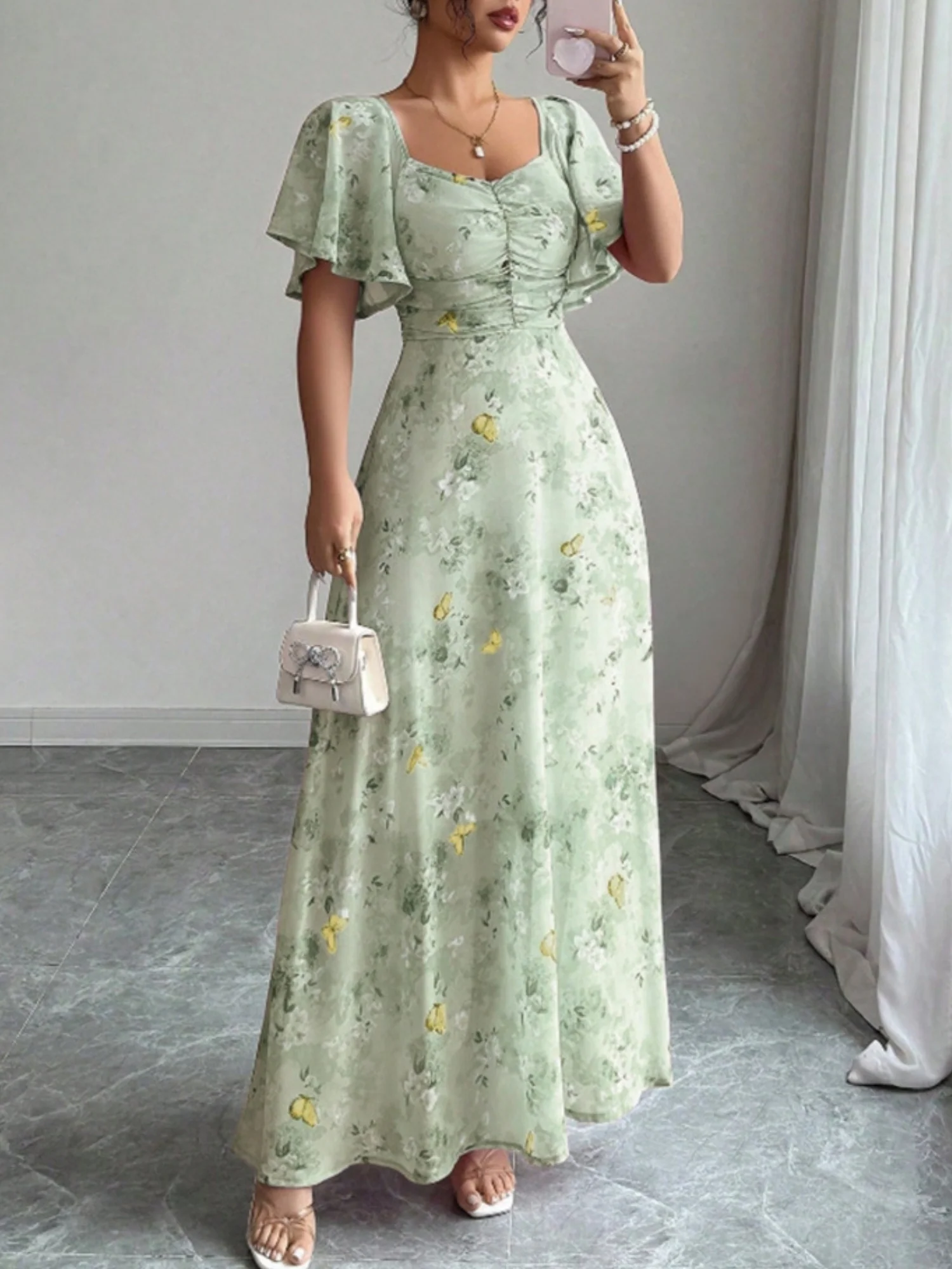 Butterfly Print Lotus Leaf Sleeves Pleated Slim Fit Maxi Dresses - Image 6