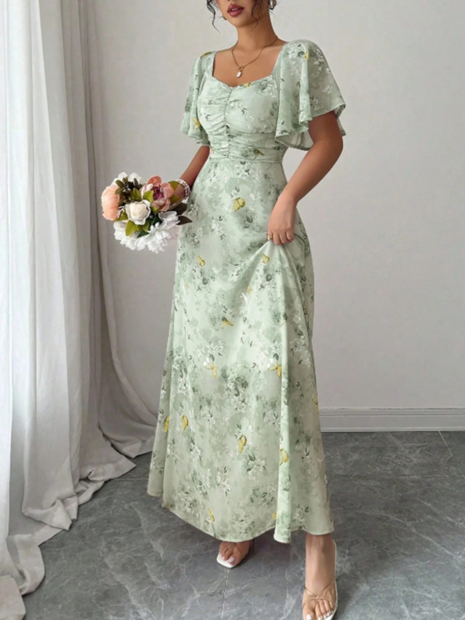 Butterfly Print Lotus Leaf Sleeves Pleated Slim Fit Maxi Dresses - Image 7