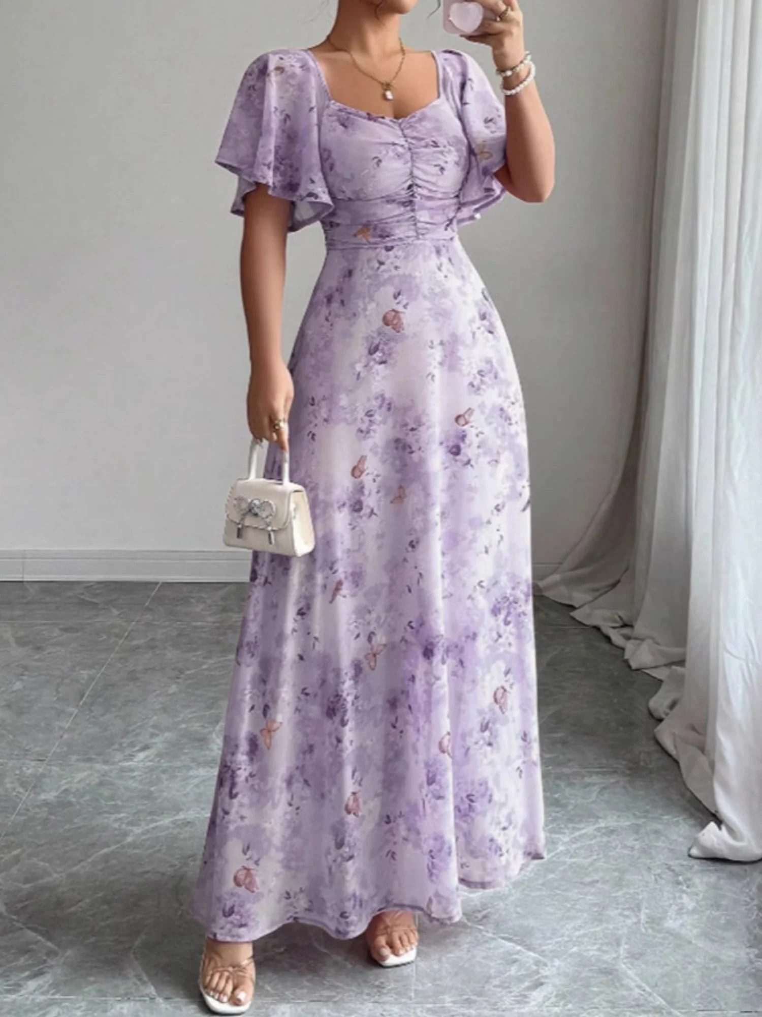 Butterfly Print Lotus Leaf Sleeves Pleated Slim Fit Maxi Dresses - Image 8
