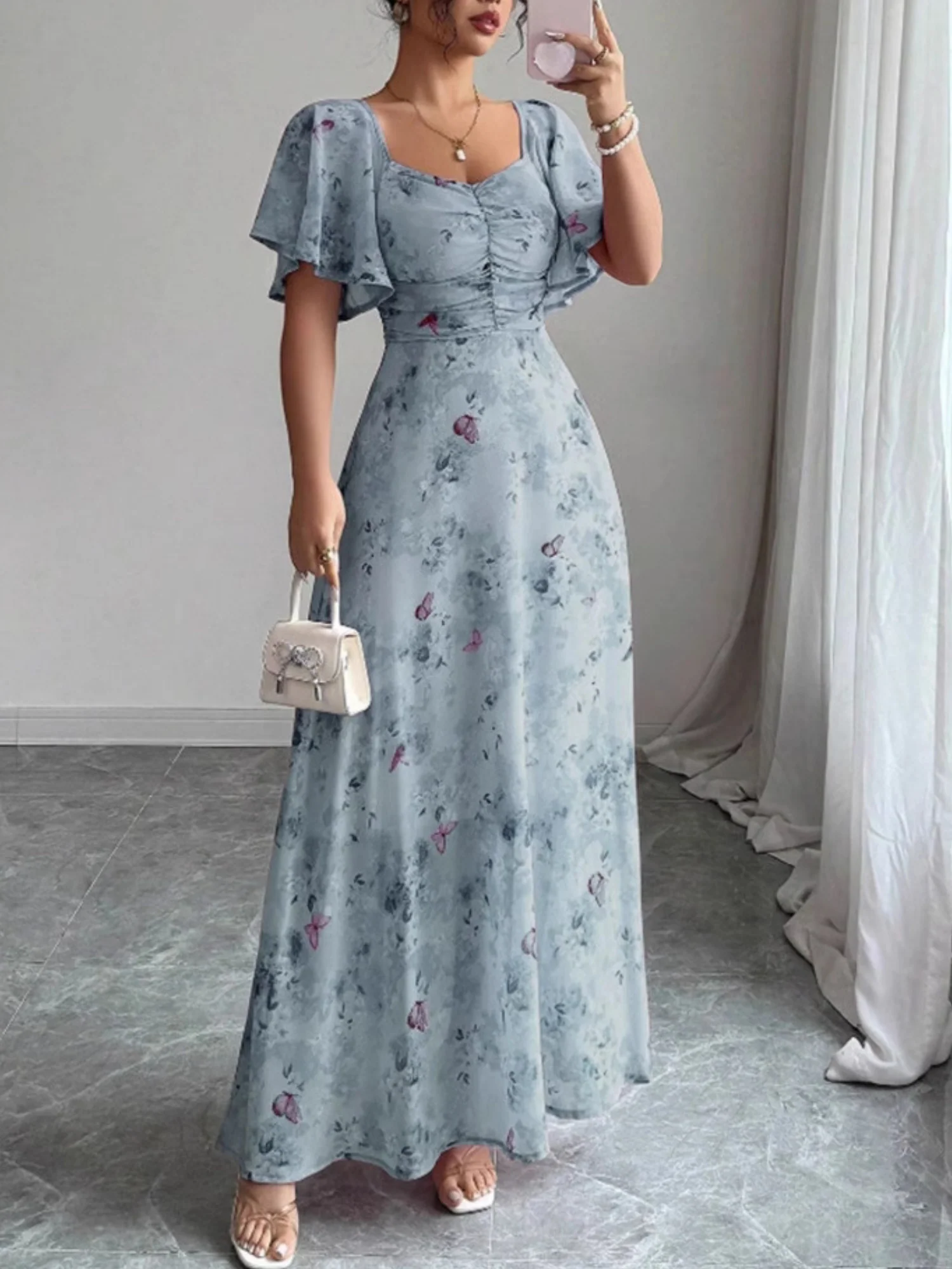 Butterfly Print Lotus Leaf Sleeves Pleated Slim Fit Maxi Dresses - Image 9