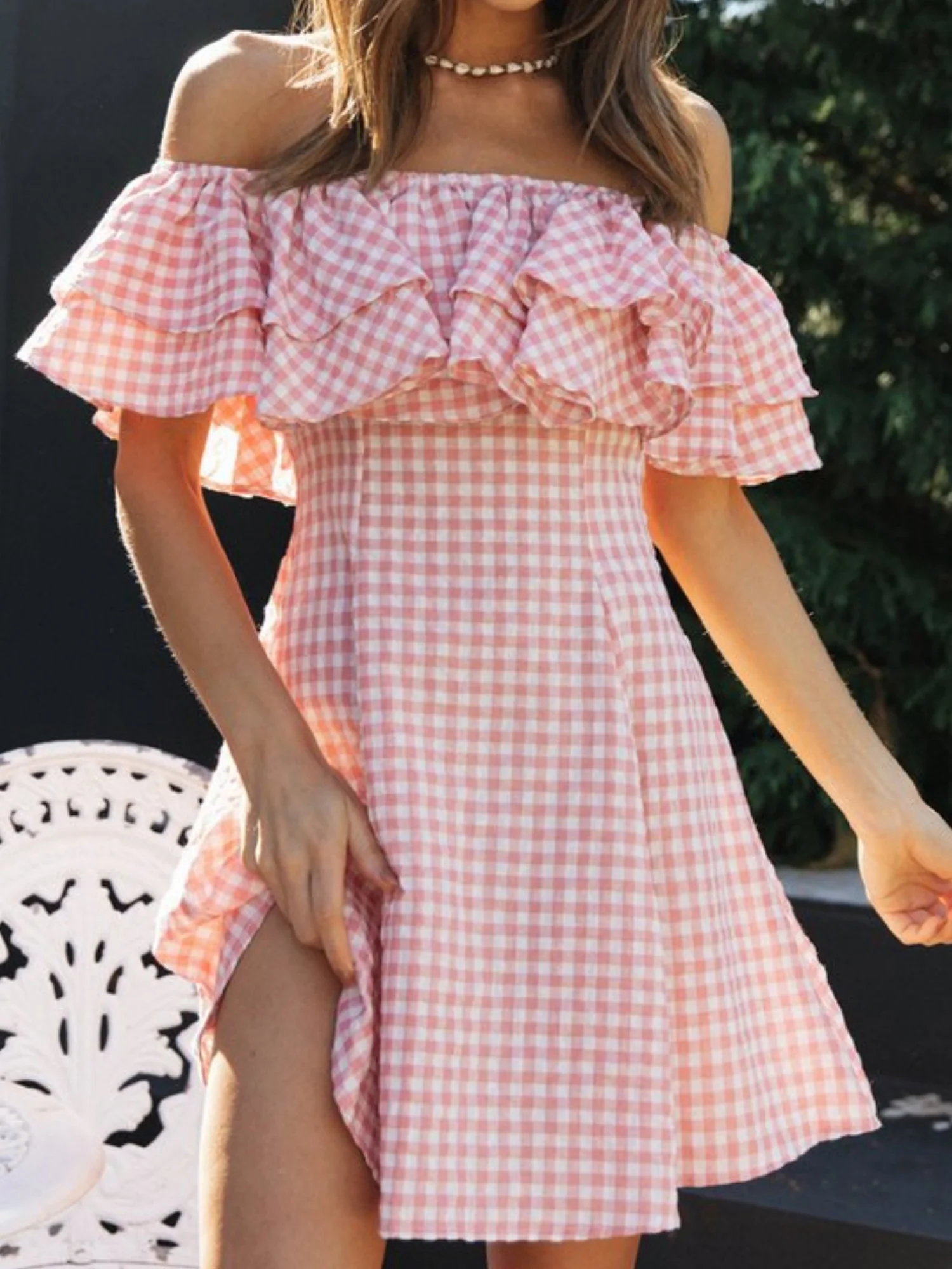 Plaid Off-the-shoulder Ruffled Collar Mini&Short Dresses