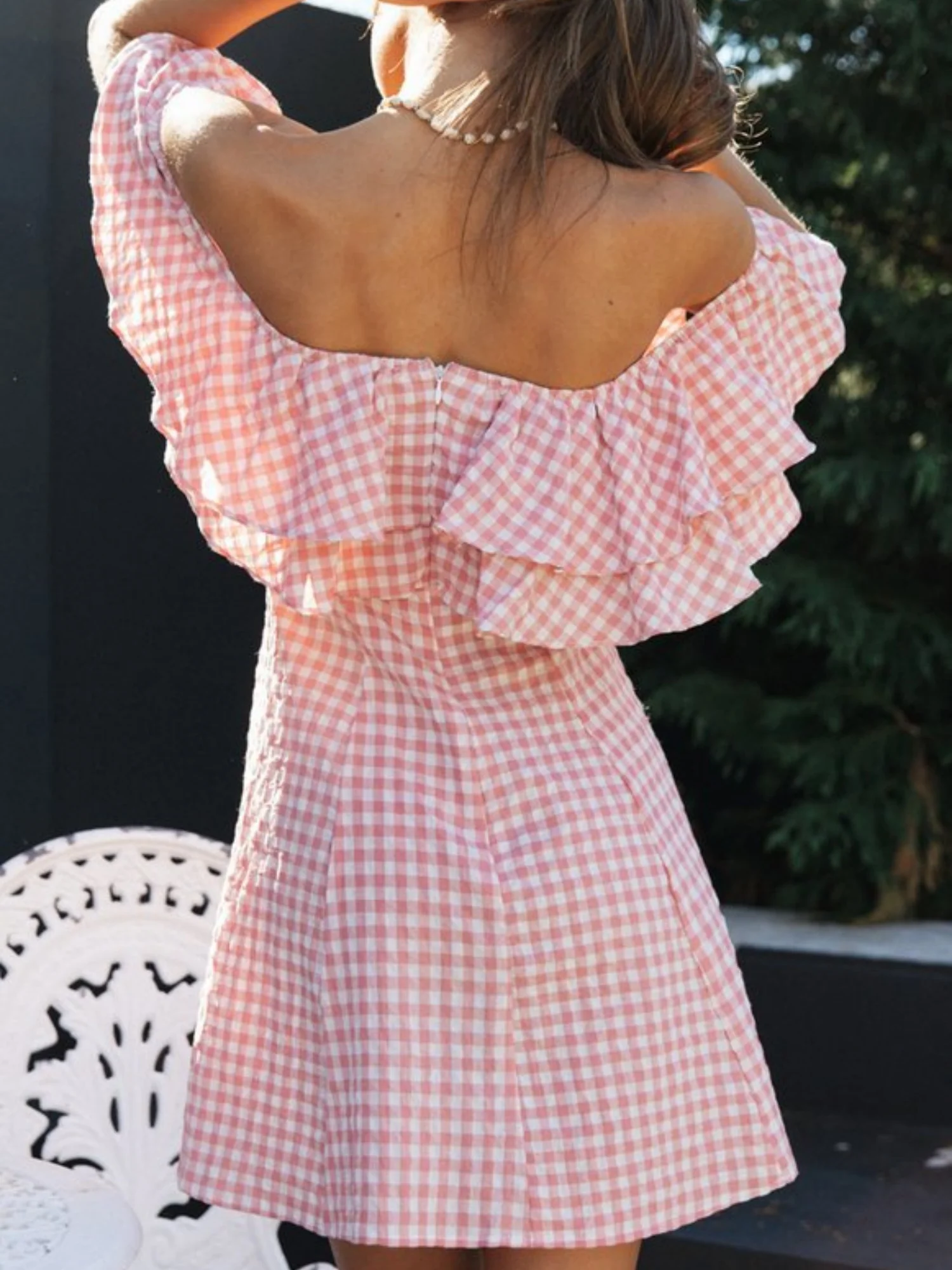 Plaid Off-the-shoulder Ruffled Collar Mini&Short Dresses - Image 2