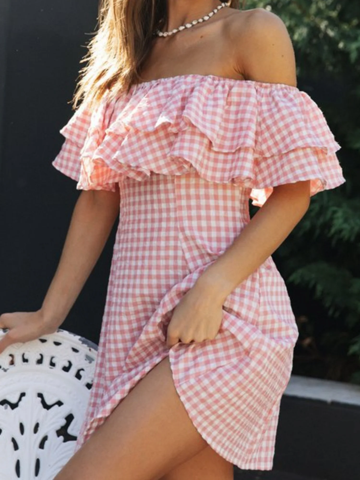 Plaid Off-the-shoulder Ruffled Collar Mini&Short Dresses - Image 3