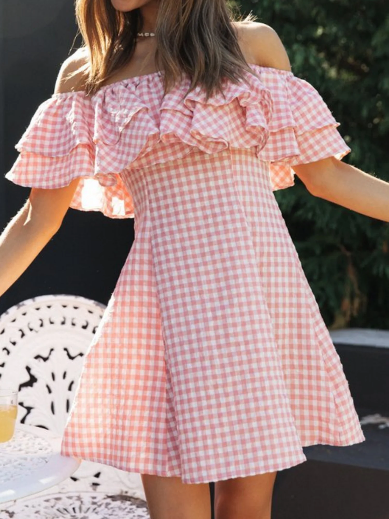 Plaid Off-the-shoulder Ruffled Collar Mini&Short Dresses - Image 4