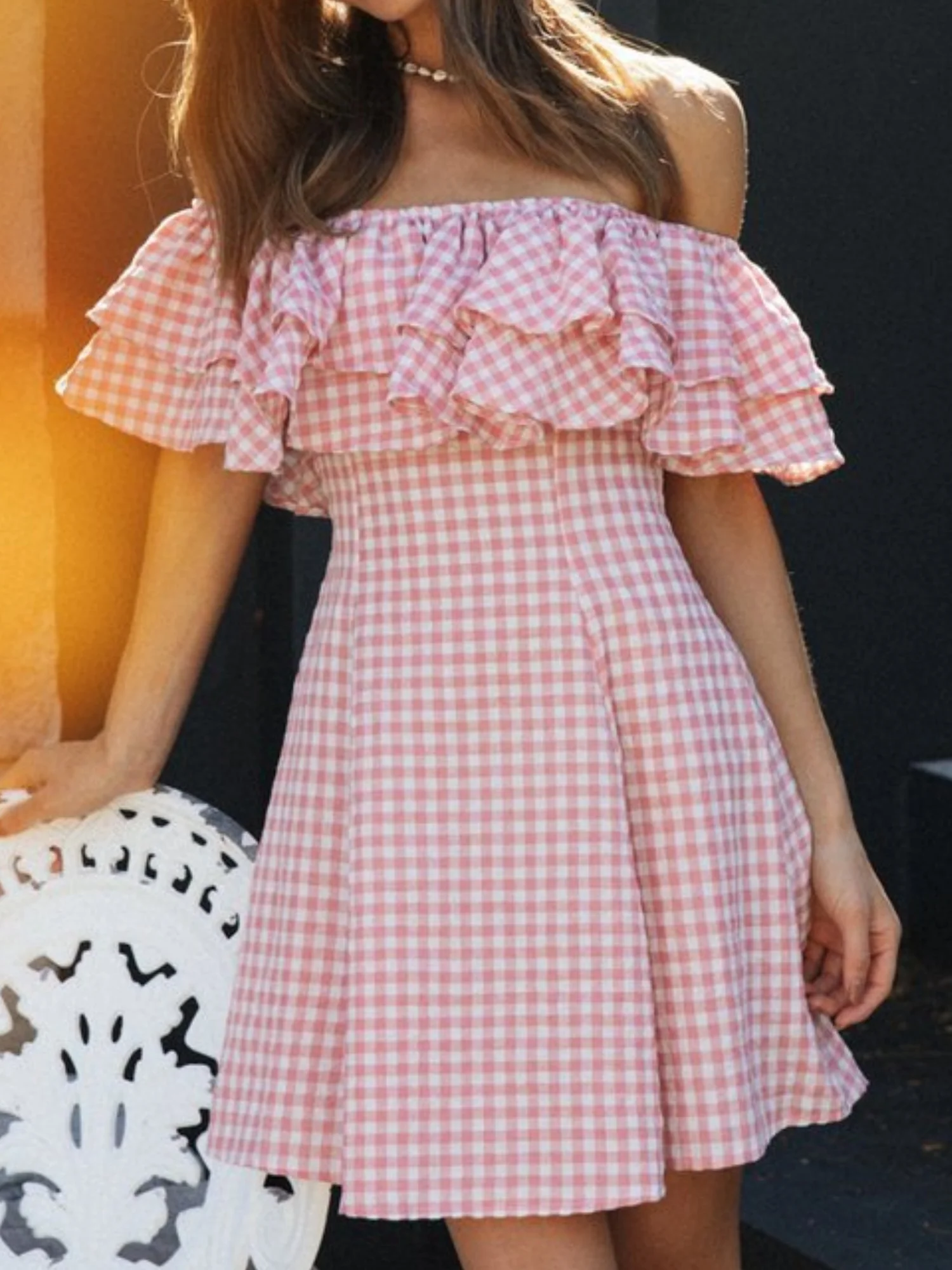 Plaid Off-the-shoulder Ruffled Collar Mini&Short Dresses - Image 5