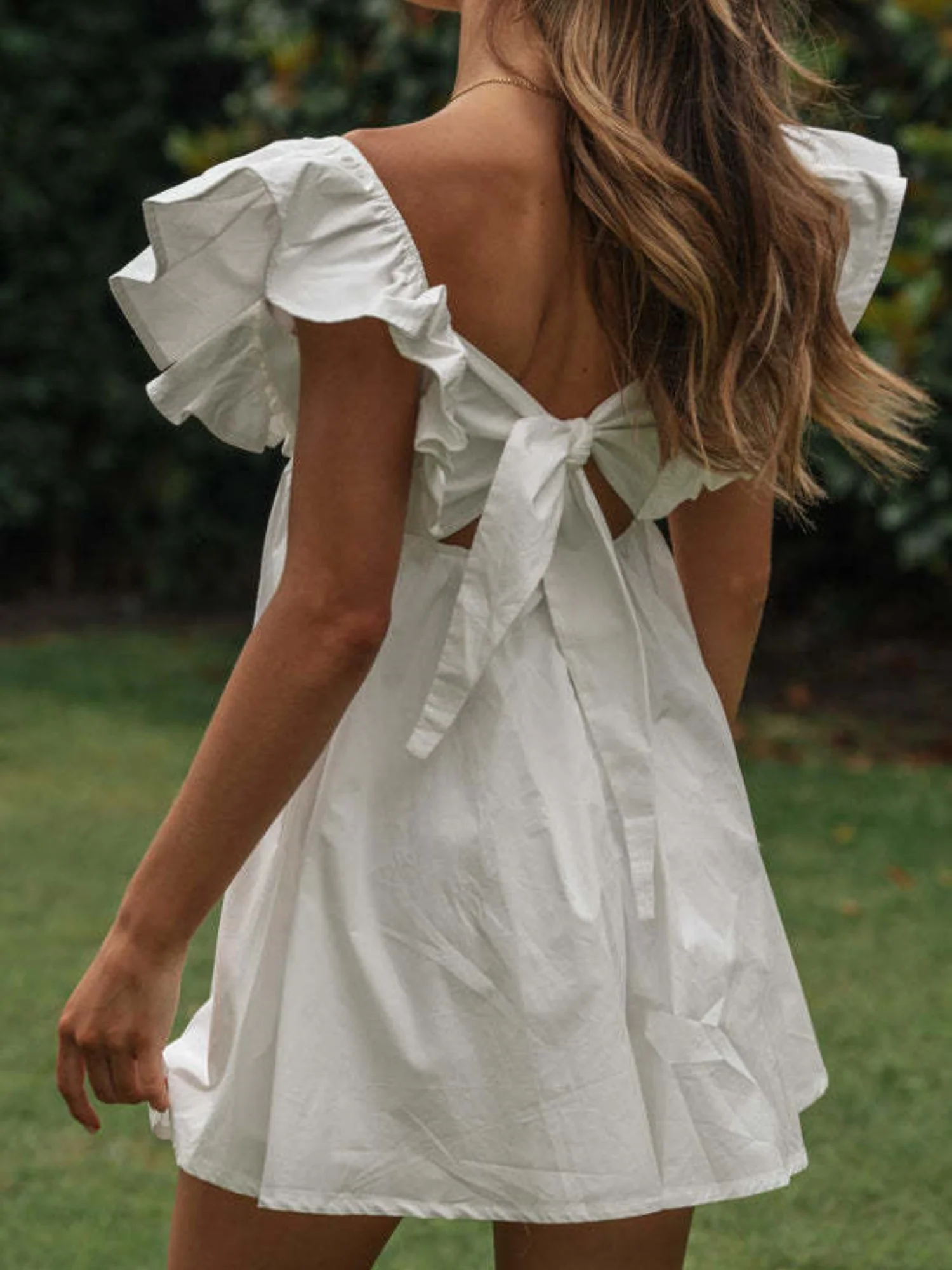 Lotus Leaf Sleeves V-neck High Waist Mini&Short Dresses - Image 2