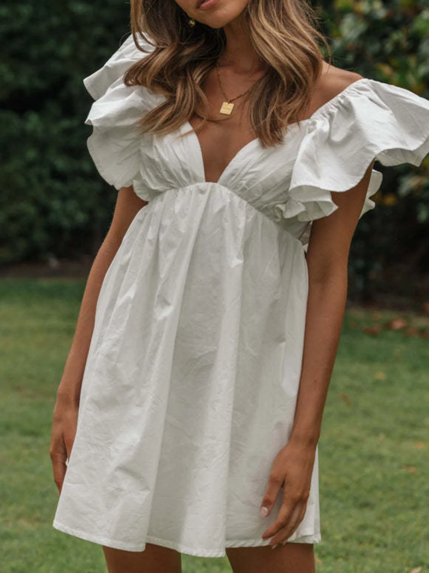 Lotus Leaf Sleeves V-neck High Waist Mini&Short Dresses - Image 4