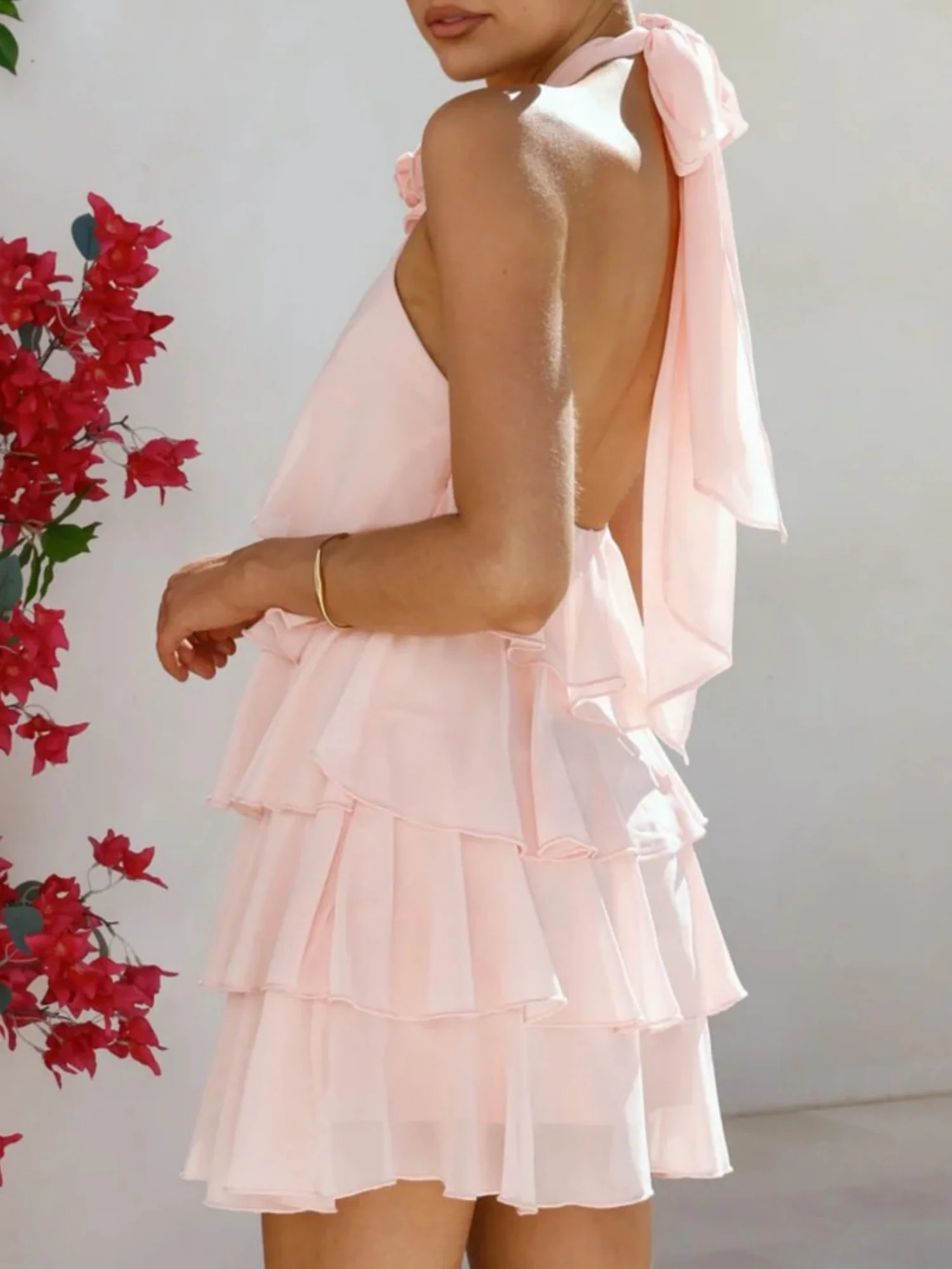 3D Flowers Halter Neck And Backless Layered Ruffles Sweet Mini&Short Dresses - Image 2