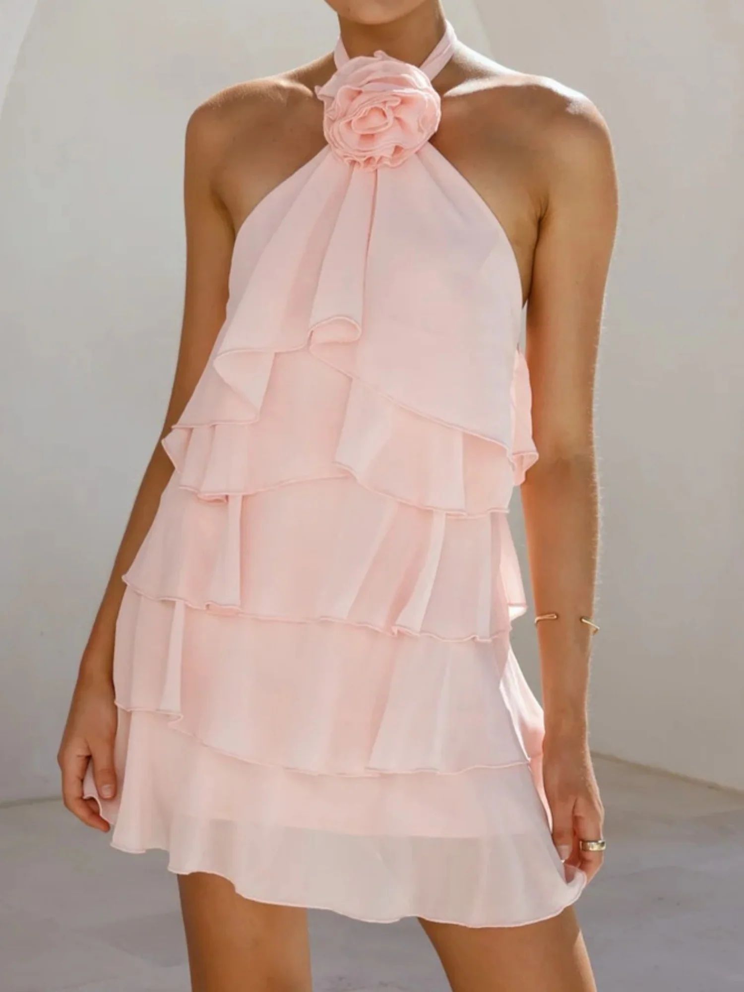 3D Flowers Halter Neck And Backless Layered Ruffles Sweet Mini&Short Dresses - Image 4
