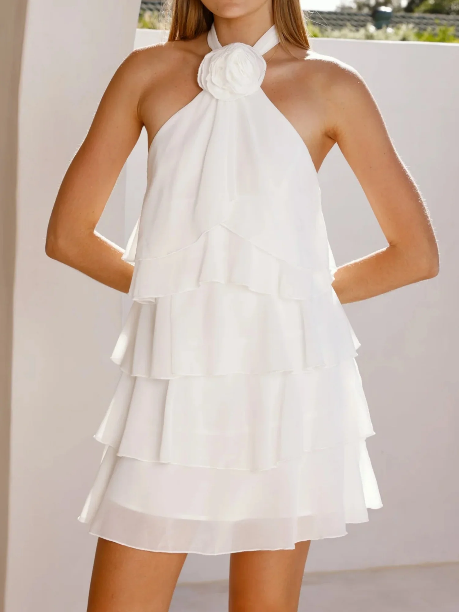 3D Flowers Halter Neck And Backless Layered Ruffles Sweet Mini&Short Dresses - Image 5