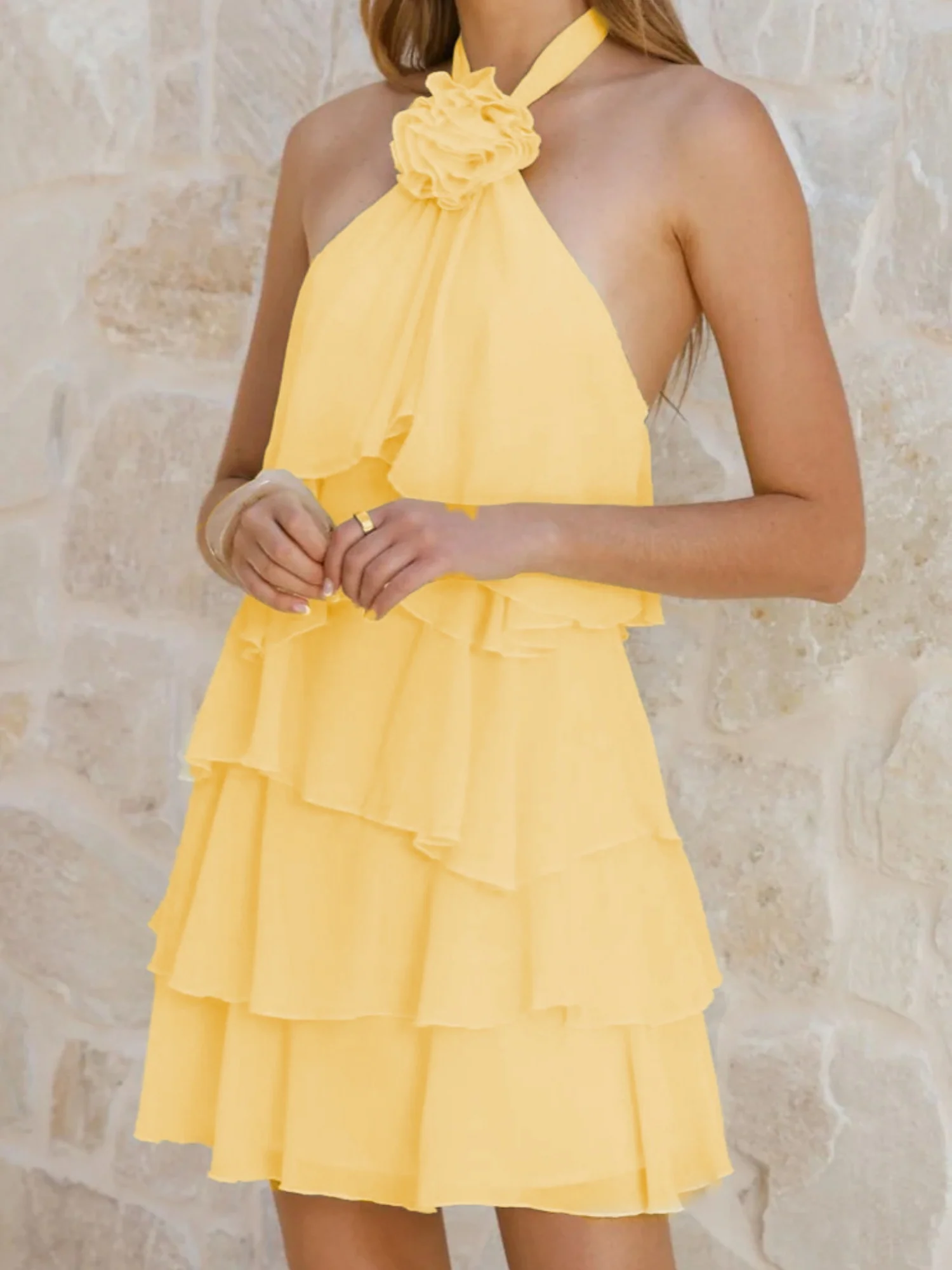 3D Flowers Halter Neck And Backless Layered Ruffles Sweet Mini&Short Dresses - Image 7