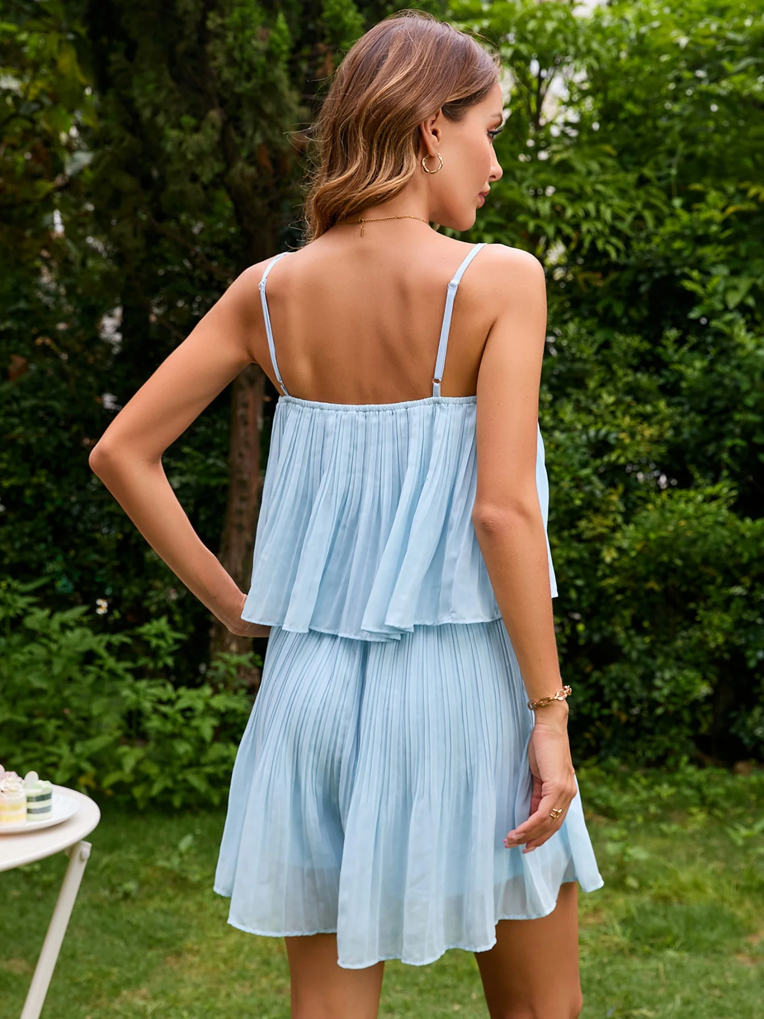Chiffon Two Layers Of Lotus Leaves Spaghetti Strap Short Dress - Image 2