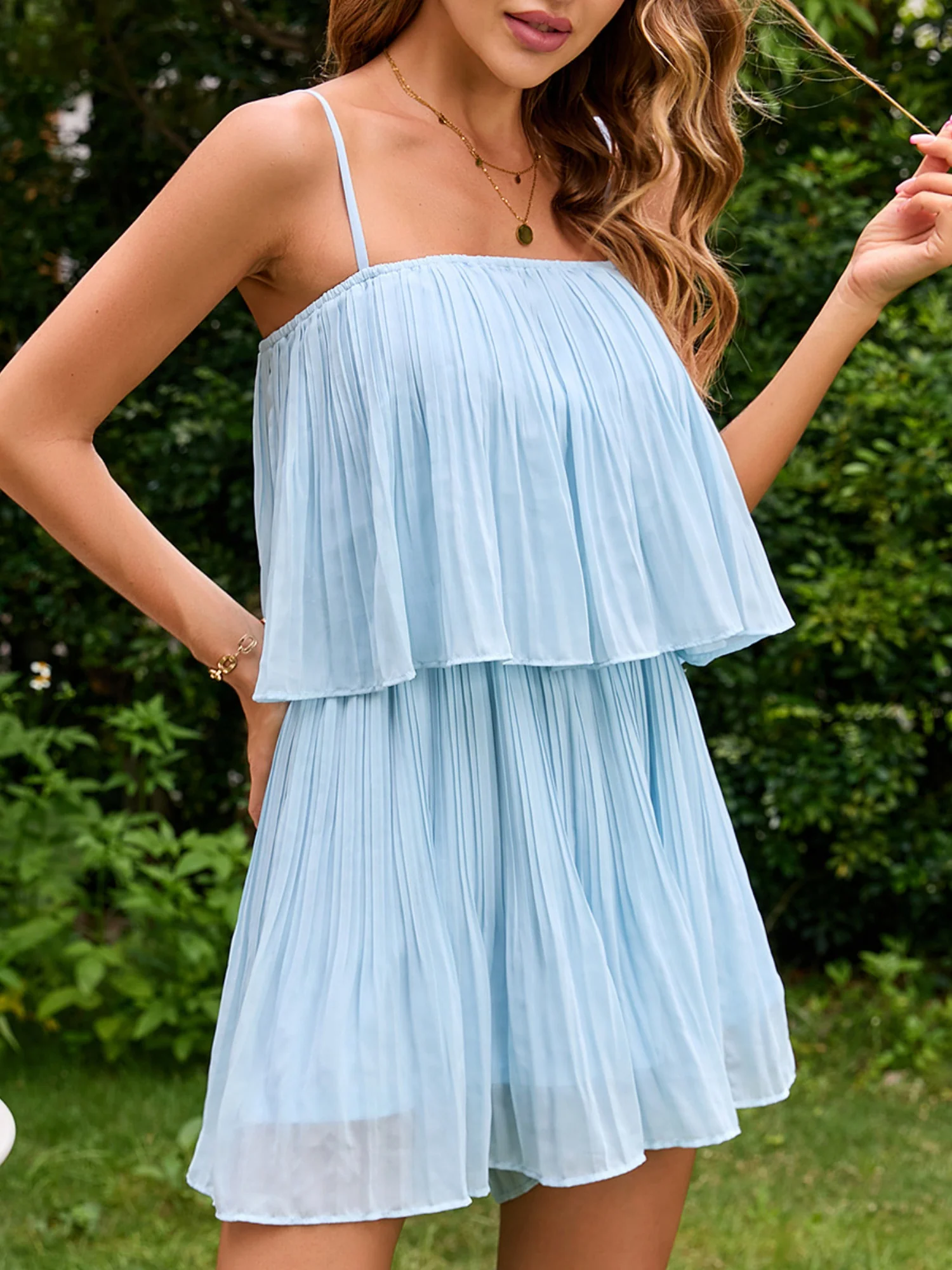 Chiffon Two Layers Of Lotus Leaves Spaghetti Strap Short Dress - Image 4