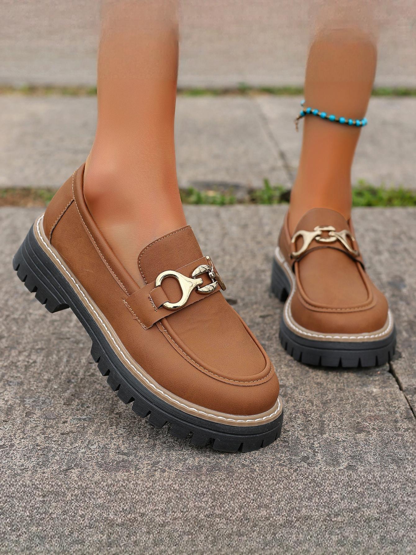 Solid Color Platform Loafers With Metal Buckles - Image 6