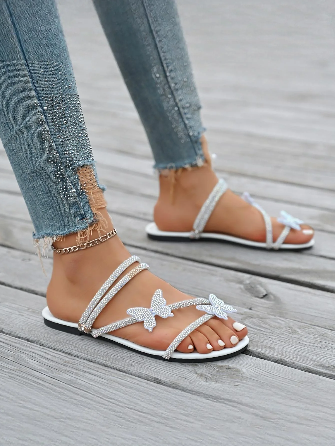Rhinestone Strappy Butterfly Flat Sandals - Image 5