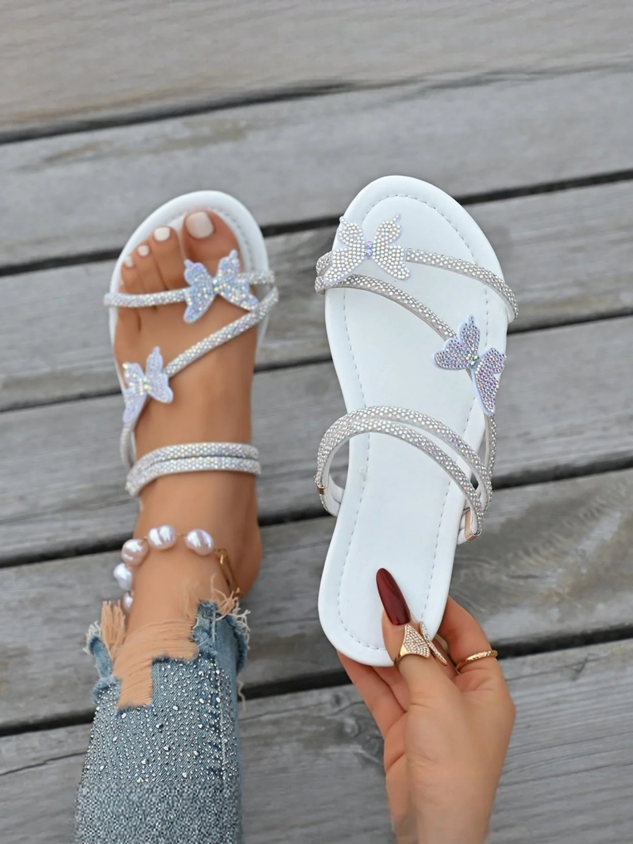 Rhinestone Strappy Butterfly Flat Sandals - Image 6