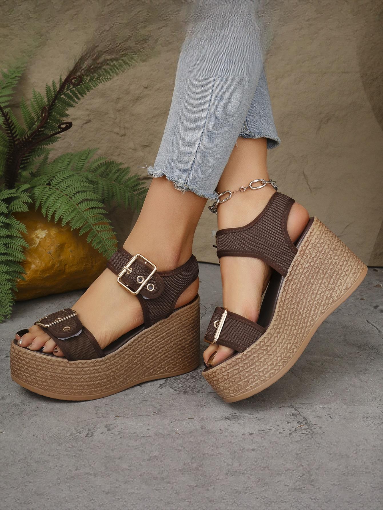 Metal Buckle Vacation Wedge Platform Sandals - Image 13