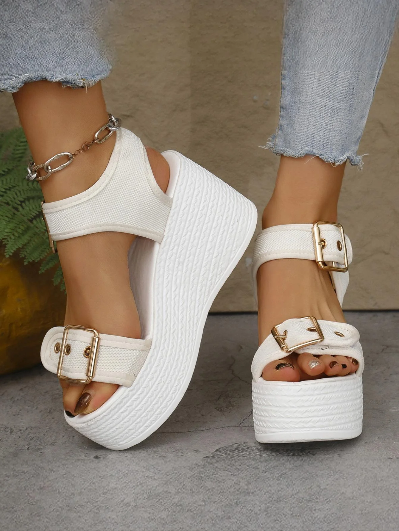 Metal Buckle Vacation Wedge Platform Sandals - Image 3