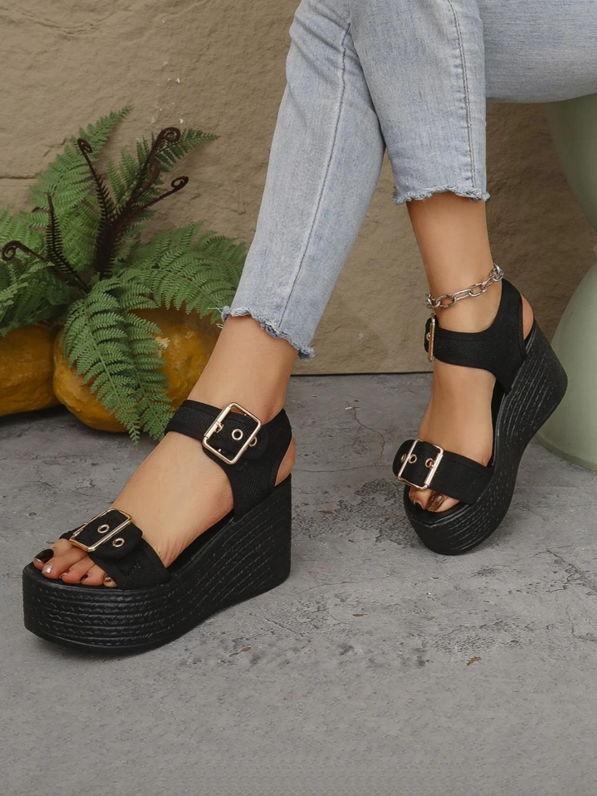 Metal Buckle Vacation Wedge Platform Sandals - Image 6