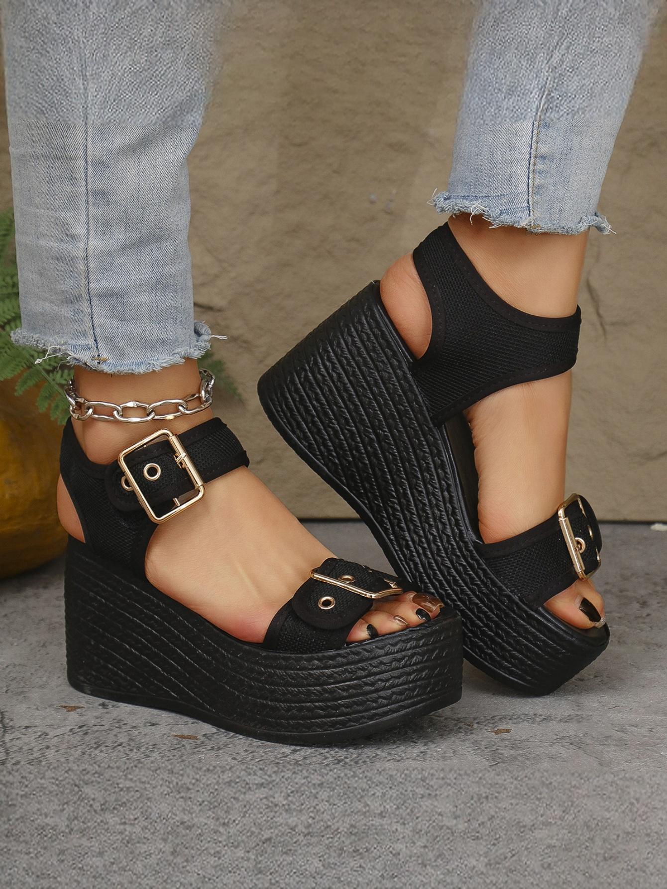 Metal Buckle Vacation Wedge Platform Sandals - Image 7