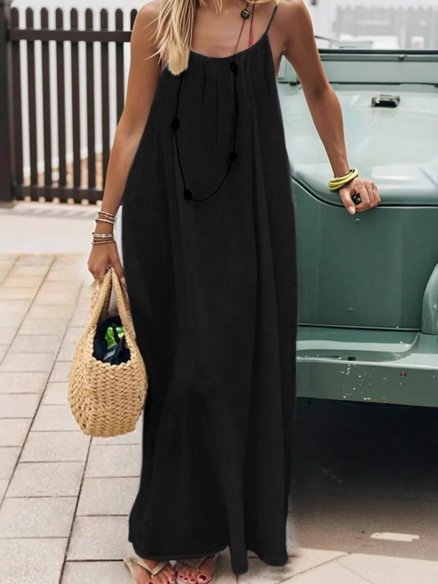Backless Loose-fit Loungewear Blended Solid Color Maxi Dresses - Image 2