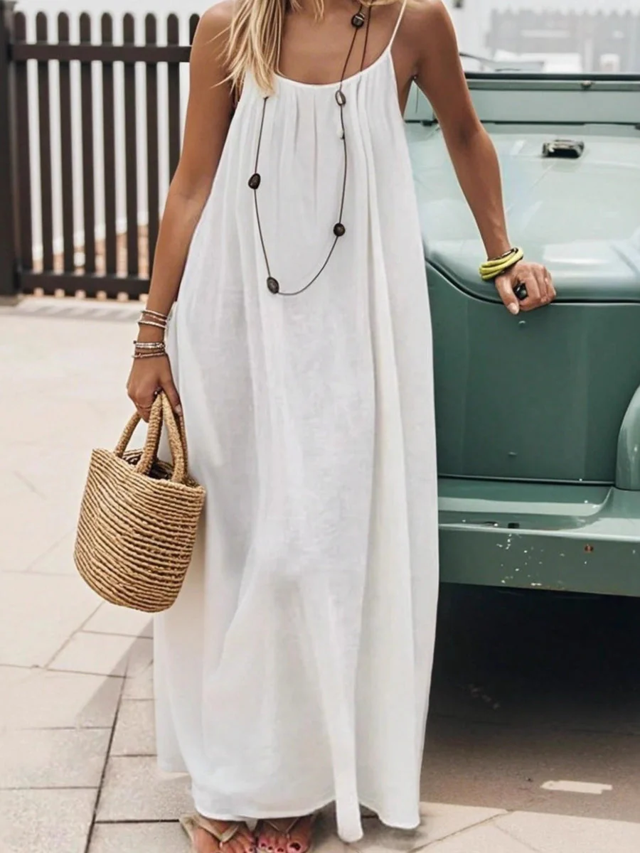 Backless Loose-fit Loungewear Blended Solid Color Maxi Dresses - Image 3